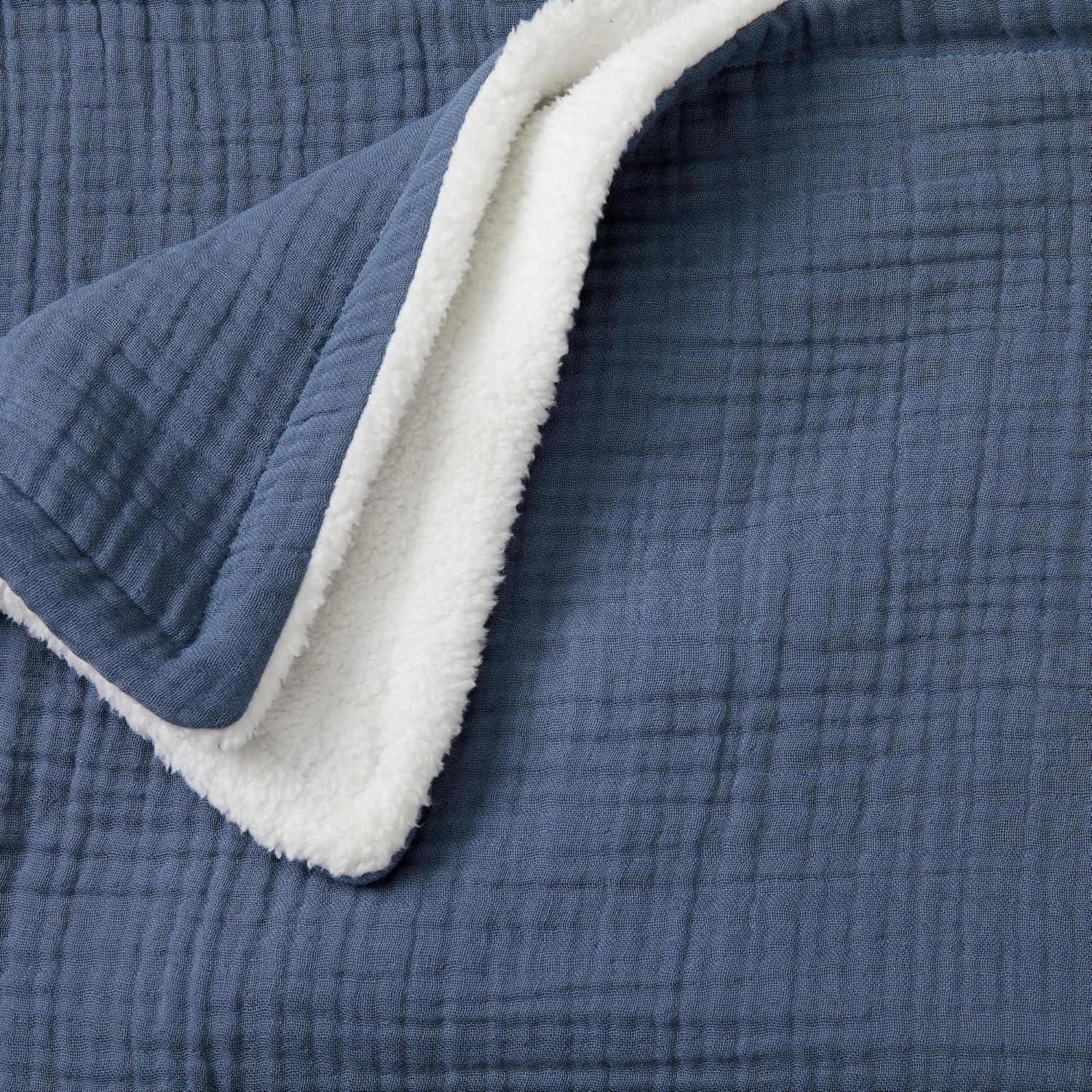 Market & Place Cotton Muslin Fleece Reversible Throw Blanket Blue