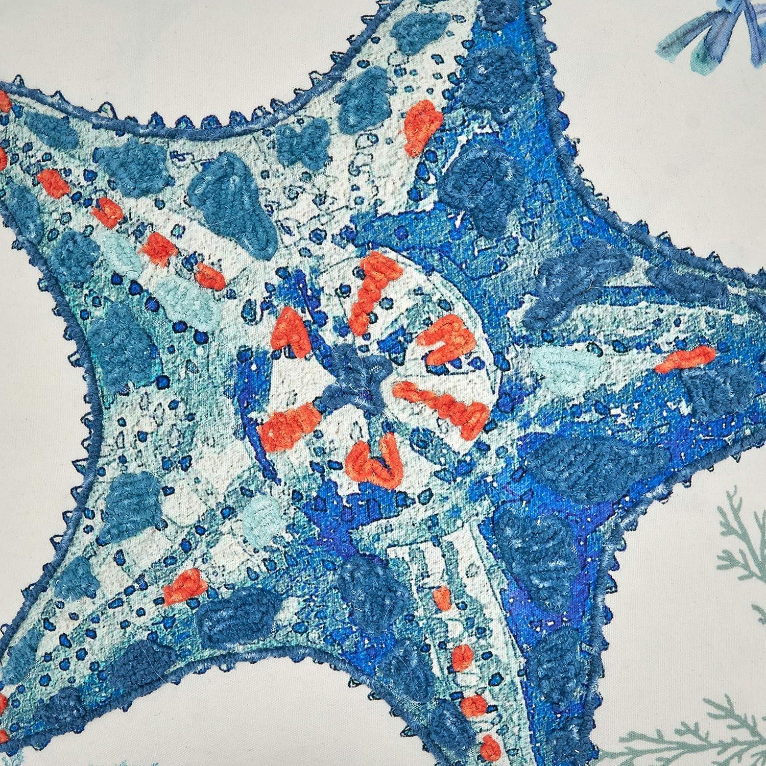 Coastal Blue Embroidered Cotton Starfish Pillow Cover