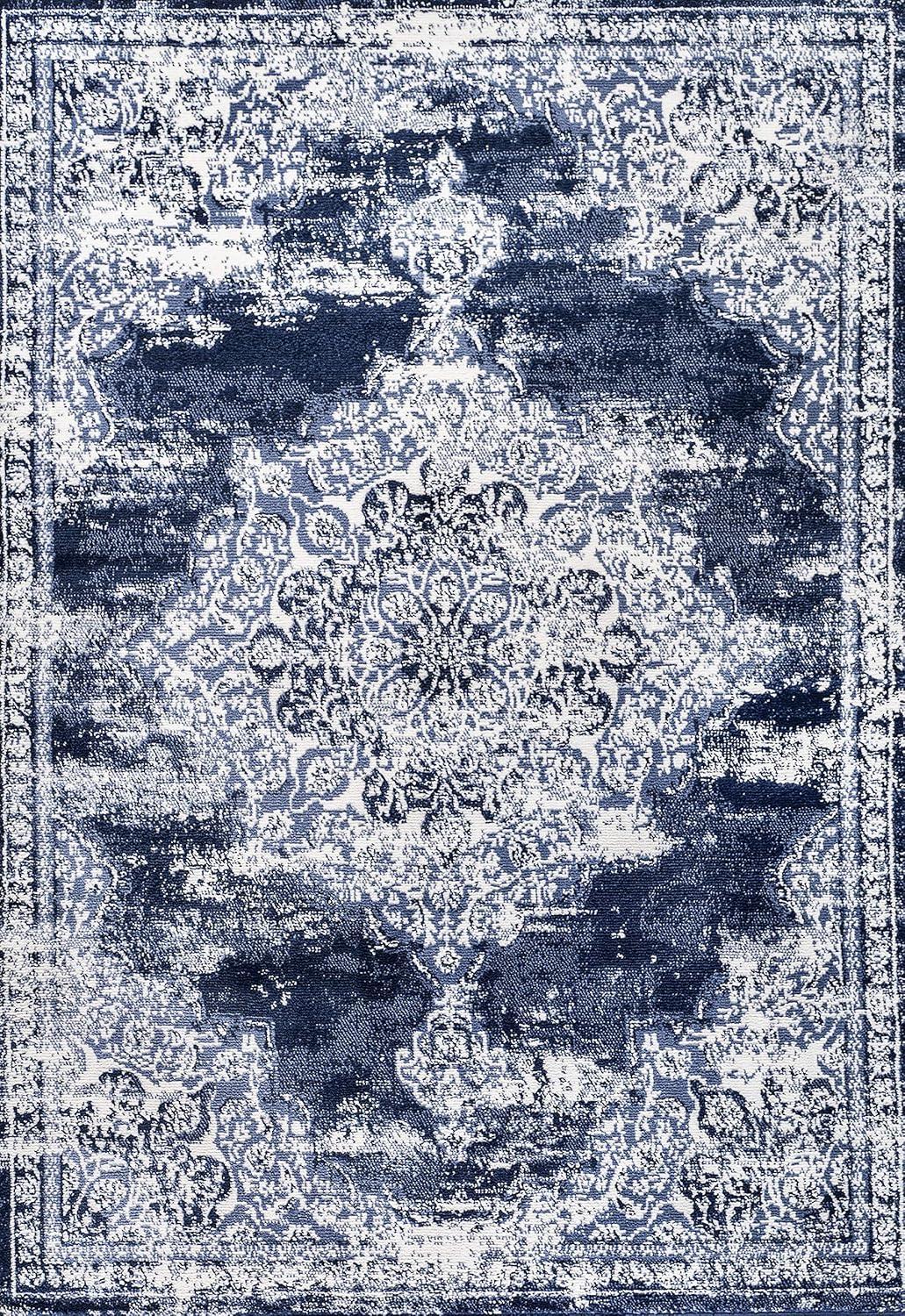 Elegant Reversible Navy/Ivory 8' x 10' Synthetic Area Rug