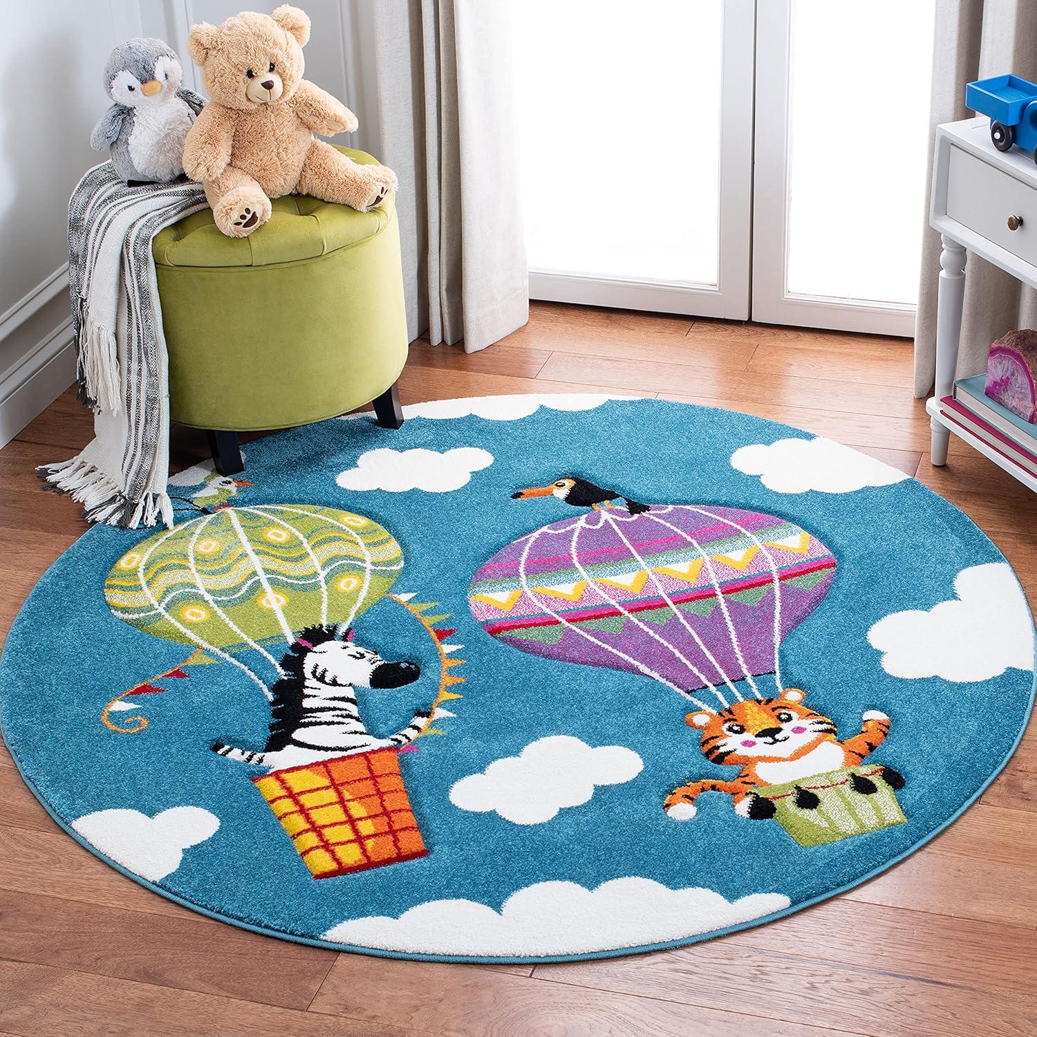 Carousel Kids Blue/Green Hot Air Balloon Round Synthetic Area Rug - 5'3"