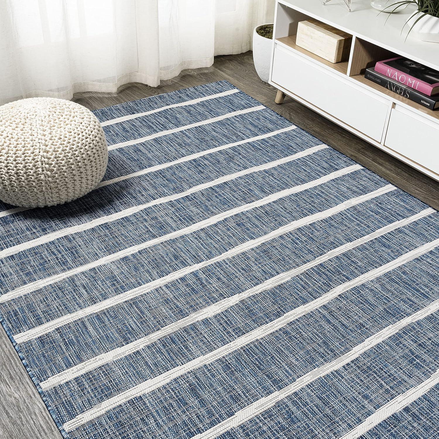 3'x5' Colonia Berber Stripe Indoor/Outdoor Area Rug, Blue/Ivory - JONATHAN Y