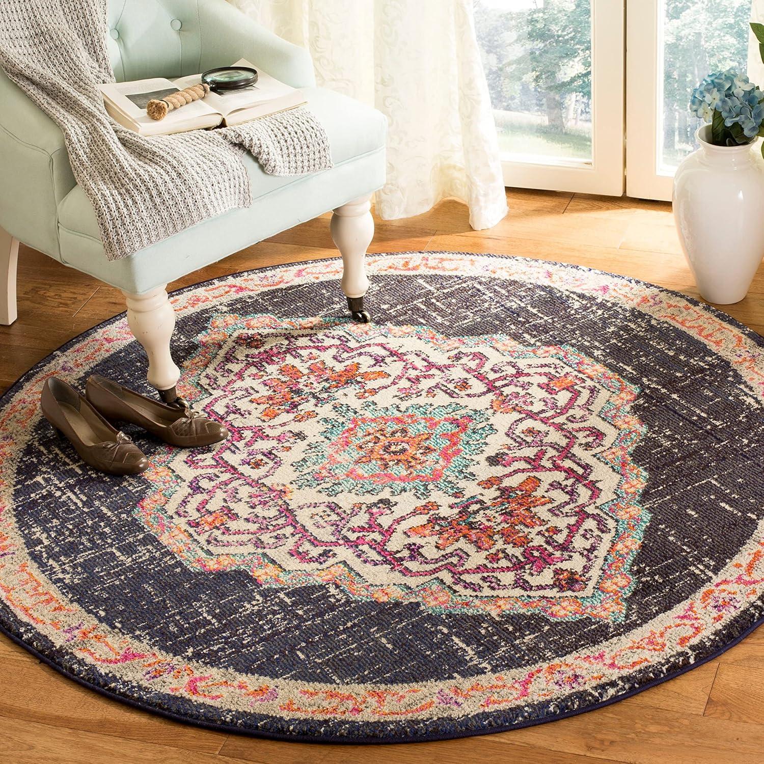 Monaco MNC254 Power Loomed Indoor Area Rug - Black/Blue - 5' Round - Safavieh.