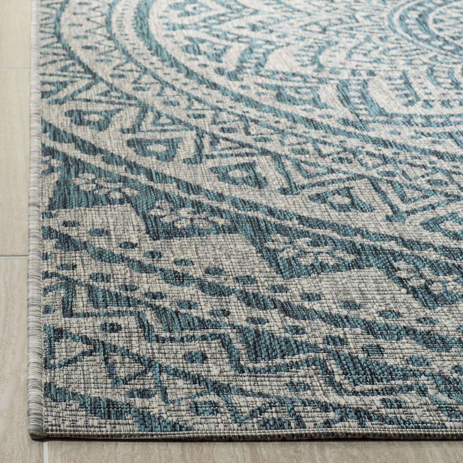 Light Grey and Teal Square Synthetic Indoor/Outdoor Rug