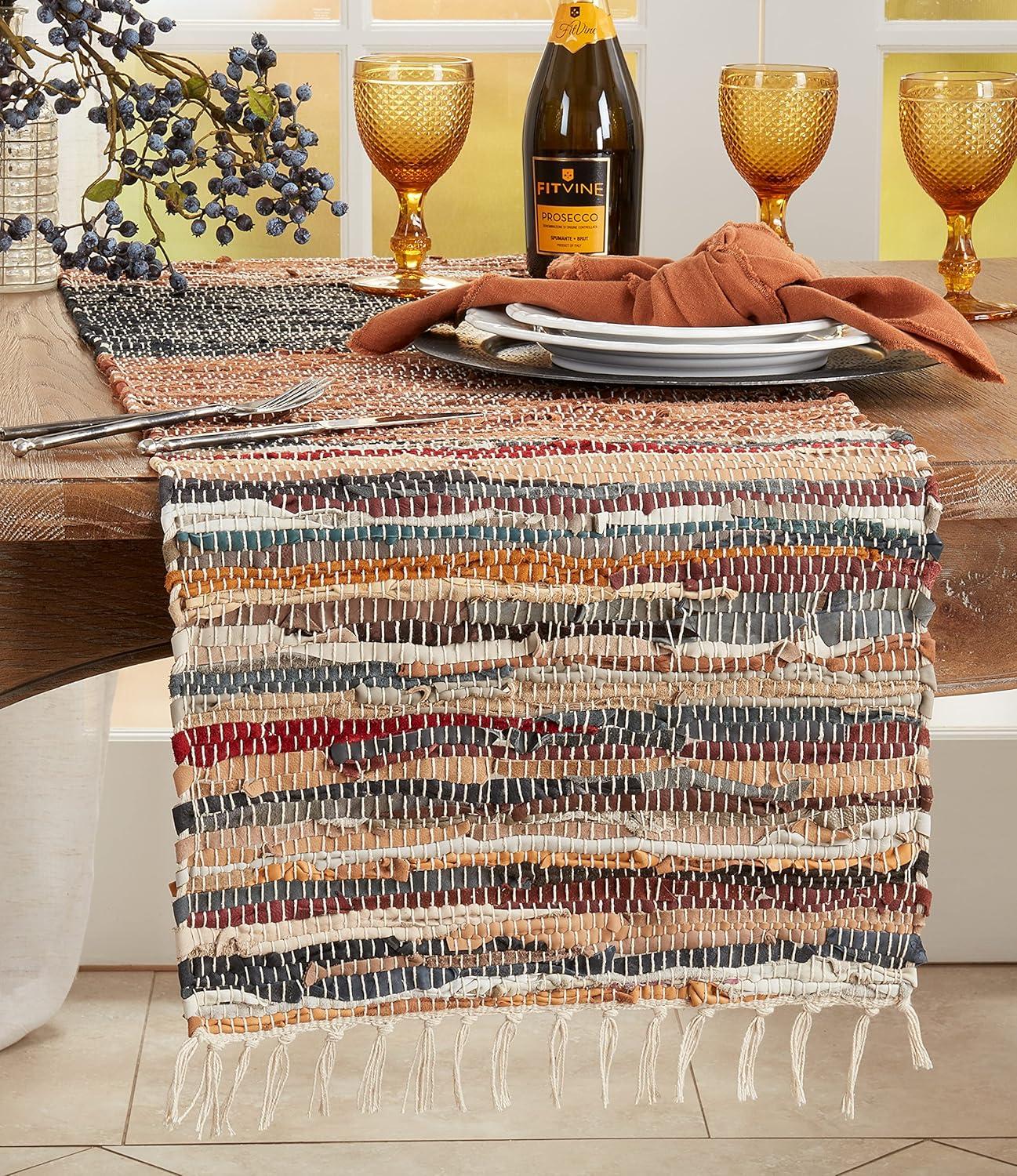 Saro Lifestyle Table Runner With Striped Chindi Multicolor Design, Multicolored, 16" x 72"