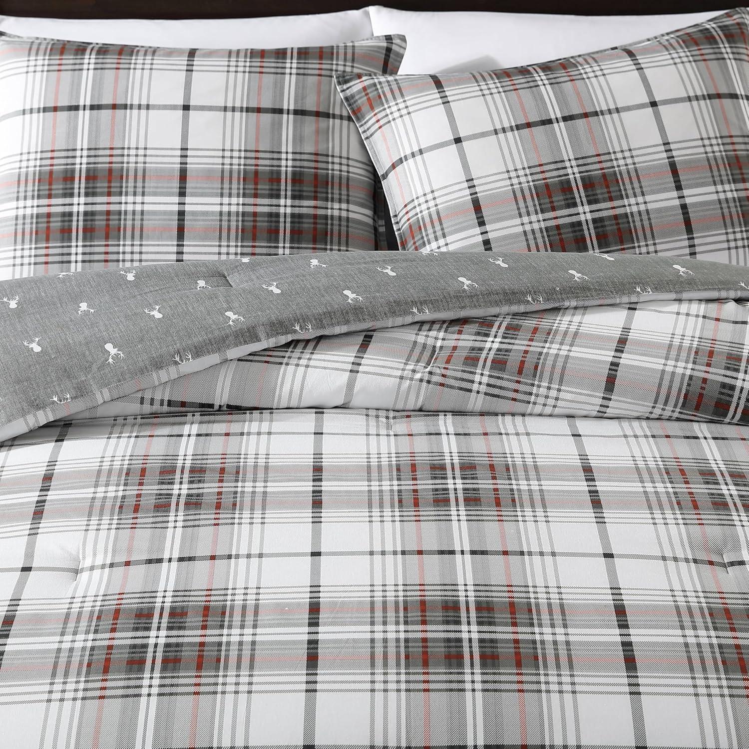 Eddie Bauer Plaid Alder Plain Weave Comforter Sets, King, Gray, 3-Pieces