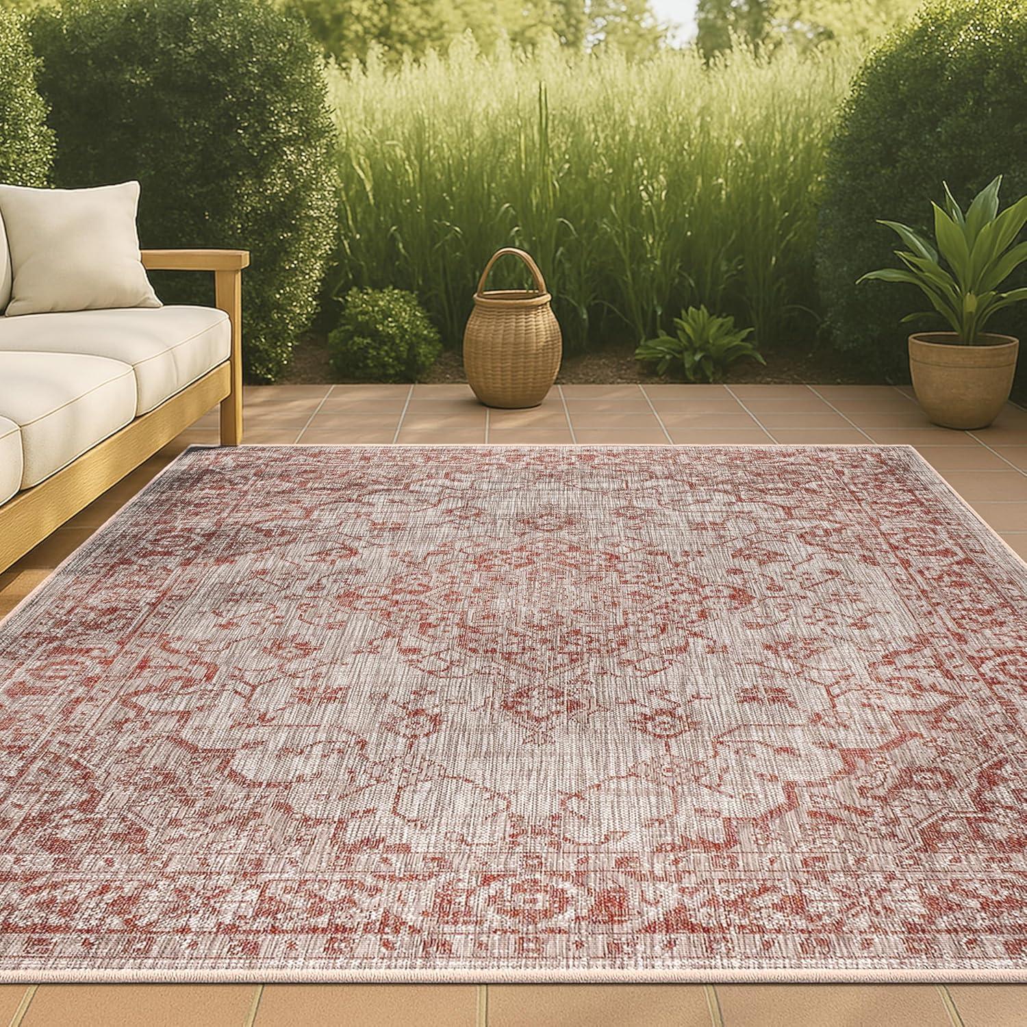 4'x6' Rozetta Boho Medallion Textured Weave Indoor/Outdoor Area Rug, Red/Taupe - JONATHAN Y