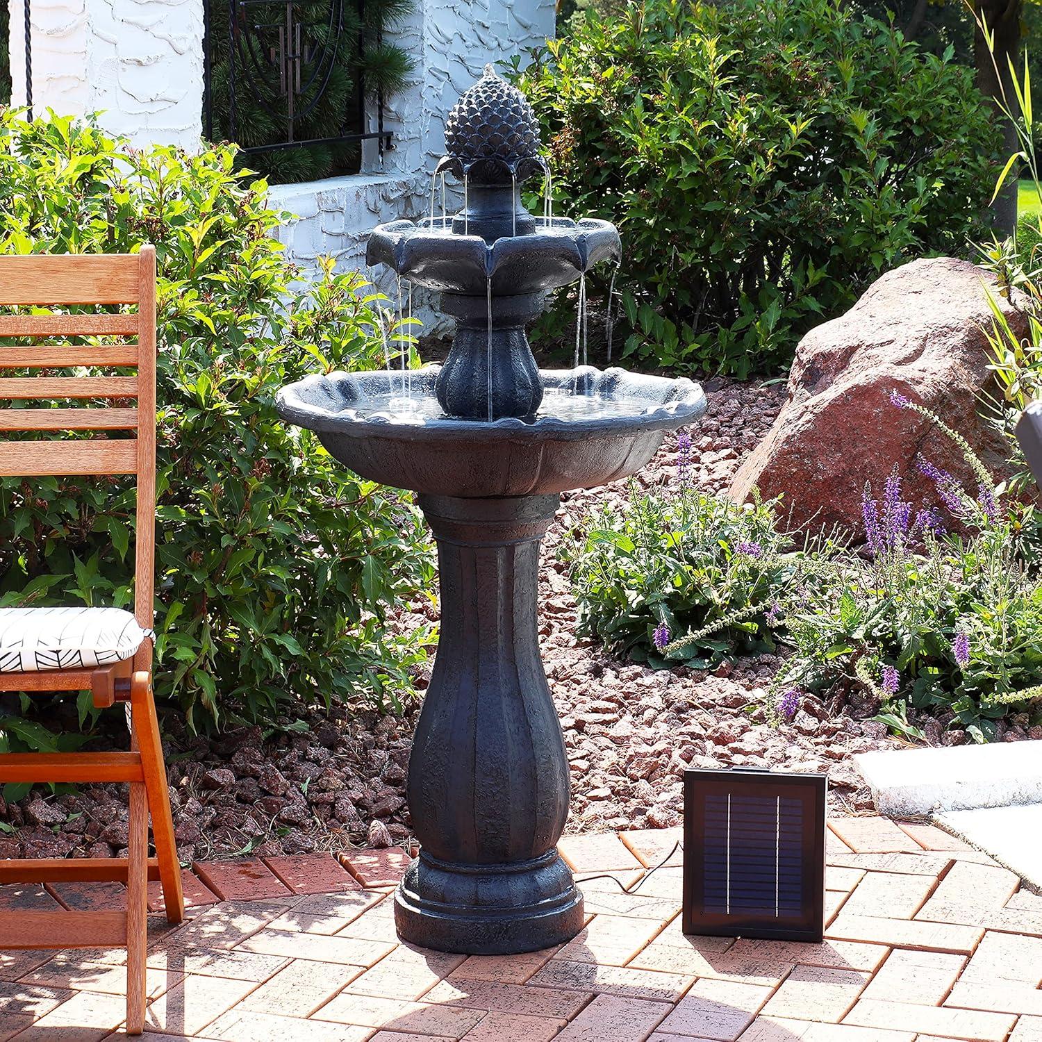 Sunnydaze Outdoor 2-Tier Solar Powered Pineapple Top Water Fountain with Battery Backup and Submersible Pump - 46" - Black