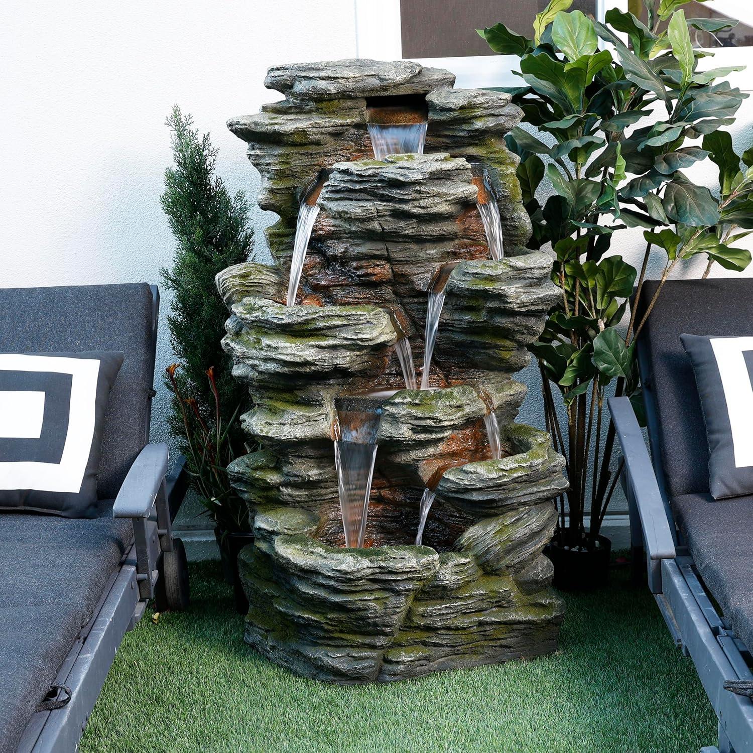 51" Resin Rock Cascading Fountain with LED Lights Gray - Alpine Corporation: Waterfall Feature, Birdbath