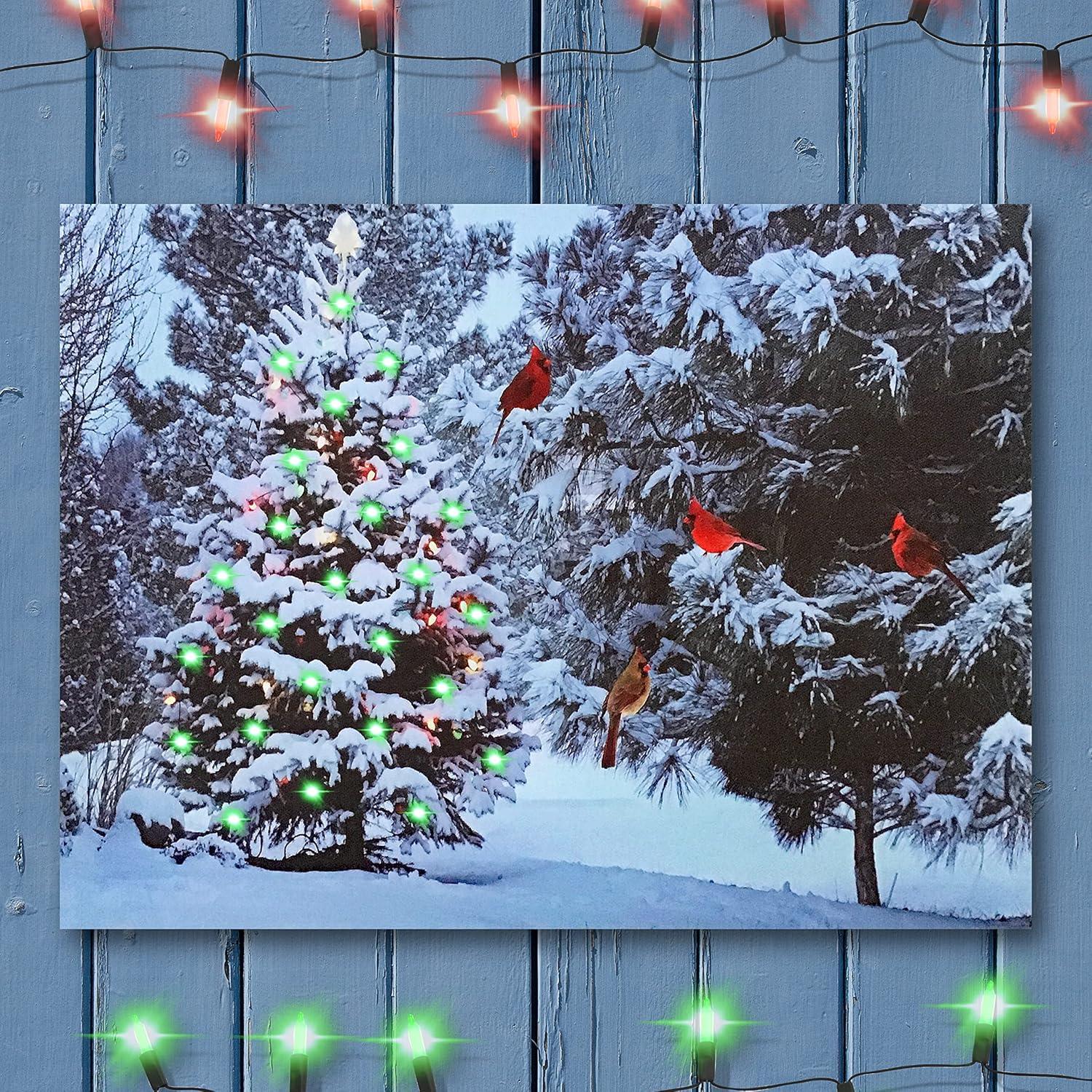 Christmas Tree & Cardinal Birds LED Canvas Print