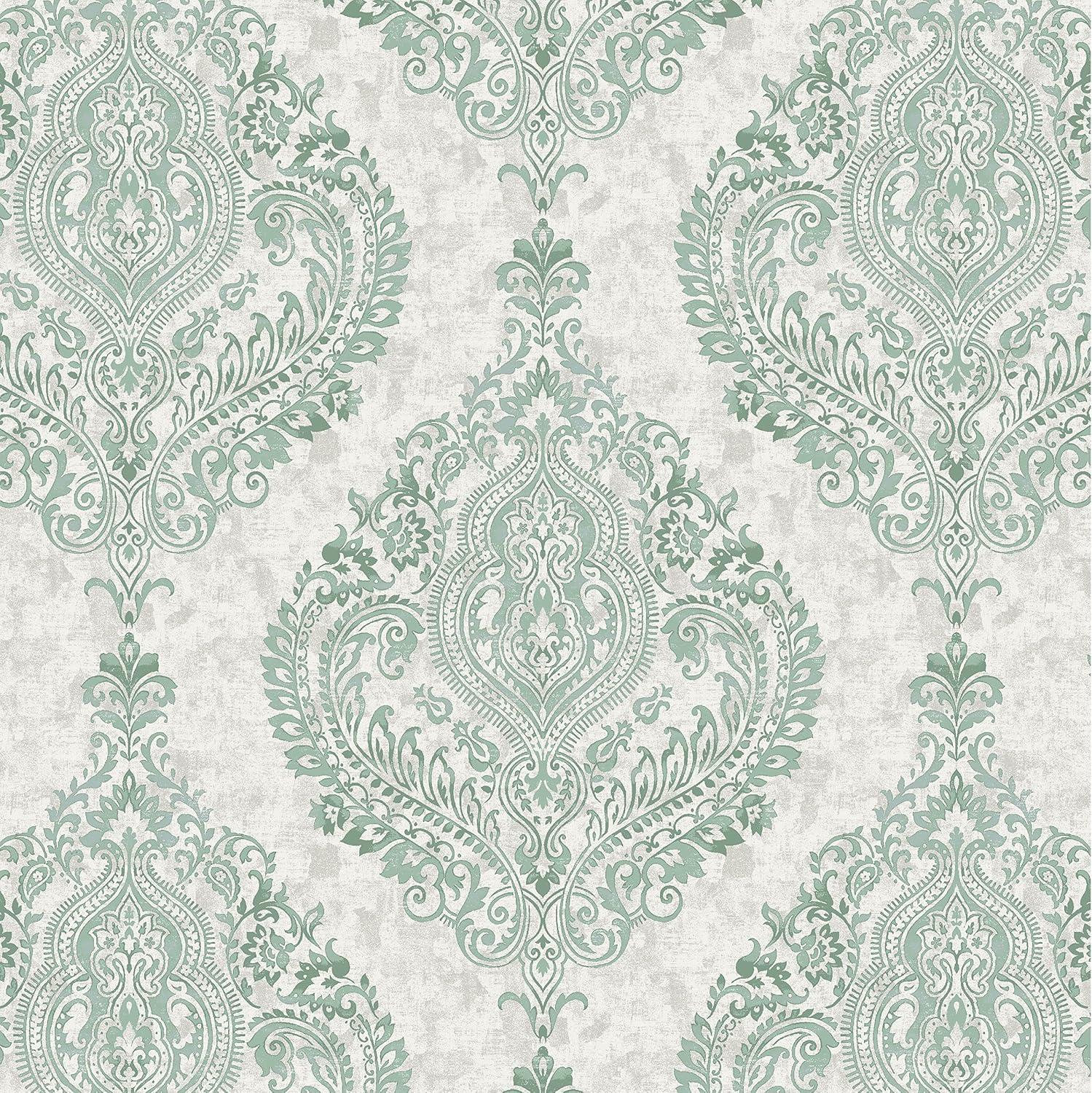 White and Green Outdoor Quilted Canvas Damask Fabric by the Yard