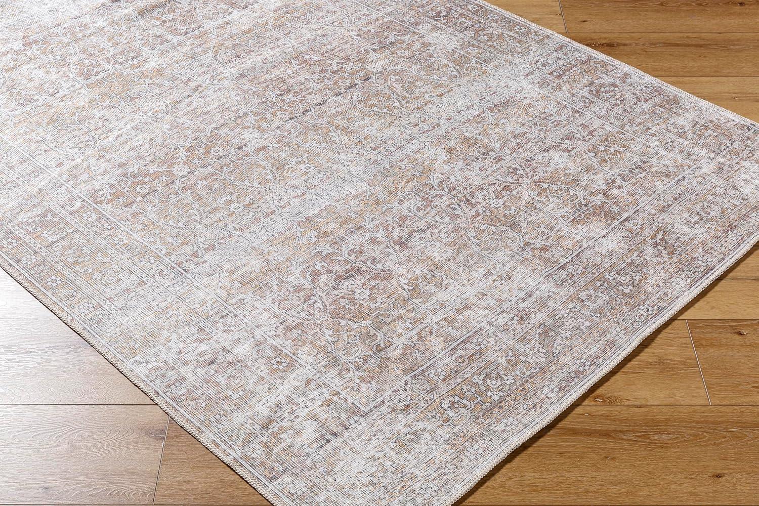 Taupe and Cream Rectangular Washable Synthetic Area Rug