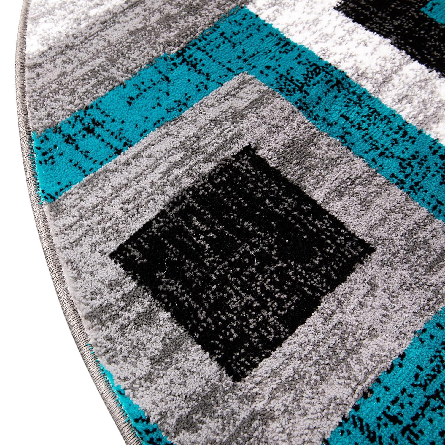 Gideon Collection Geometric 8' x 8' Turquoise, Grey, and White Round Olefin Area Rug with Cotton Backing, Living Room, Bedroom