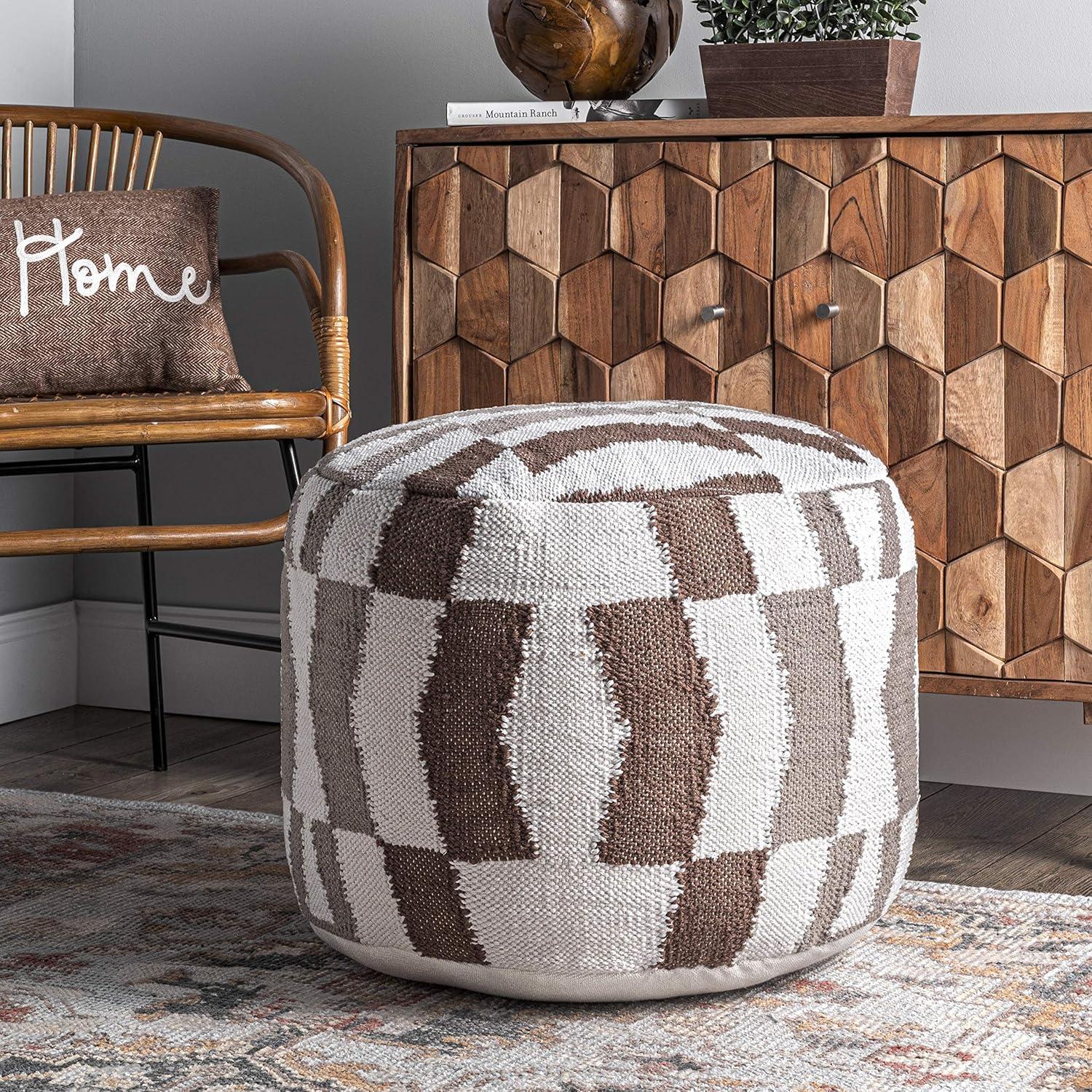 Vienna Herringbone Filled Ottoman Ivory Round Pouf