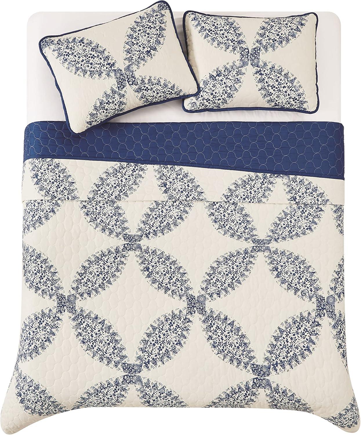 Cannon 2pc Twin/Twin Extra Long Abigail Quilt Bedding Set White/Blue: Microfiber, Paisley Pattern, Machine Washable