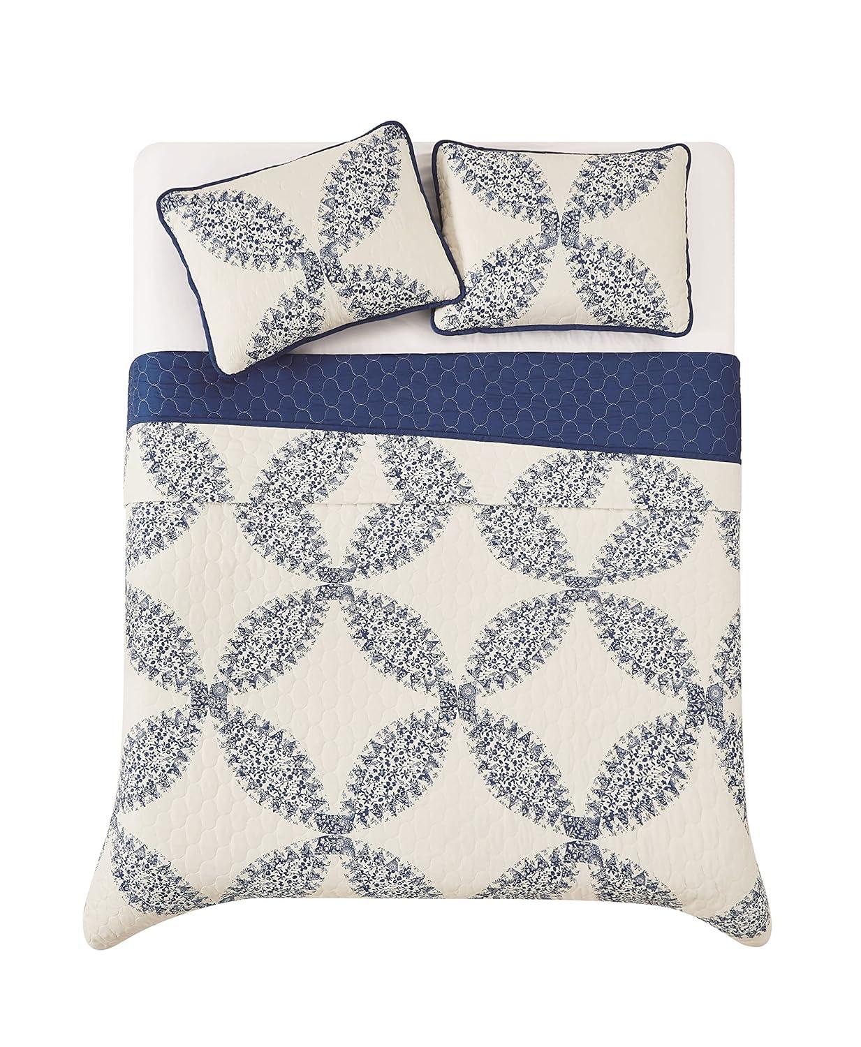 Cannon 2pc Twin/Twin Extra Long Abigail Quilt Bedding Set White/Blue: Microfiber, Paisley Pattern, Machine Washable