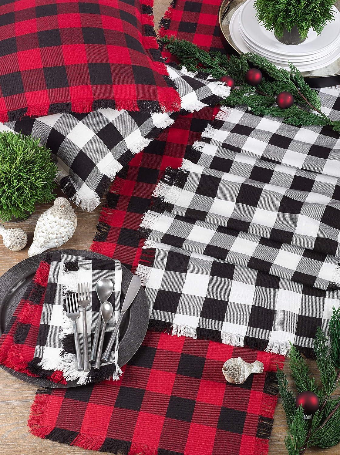 16"x72" Buffalo Plaid Classic Design Casual Fringed Cotton Table Runner Red - Saro Lifestyle