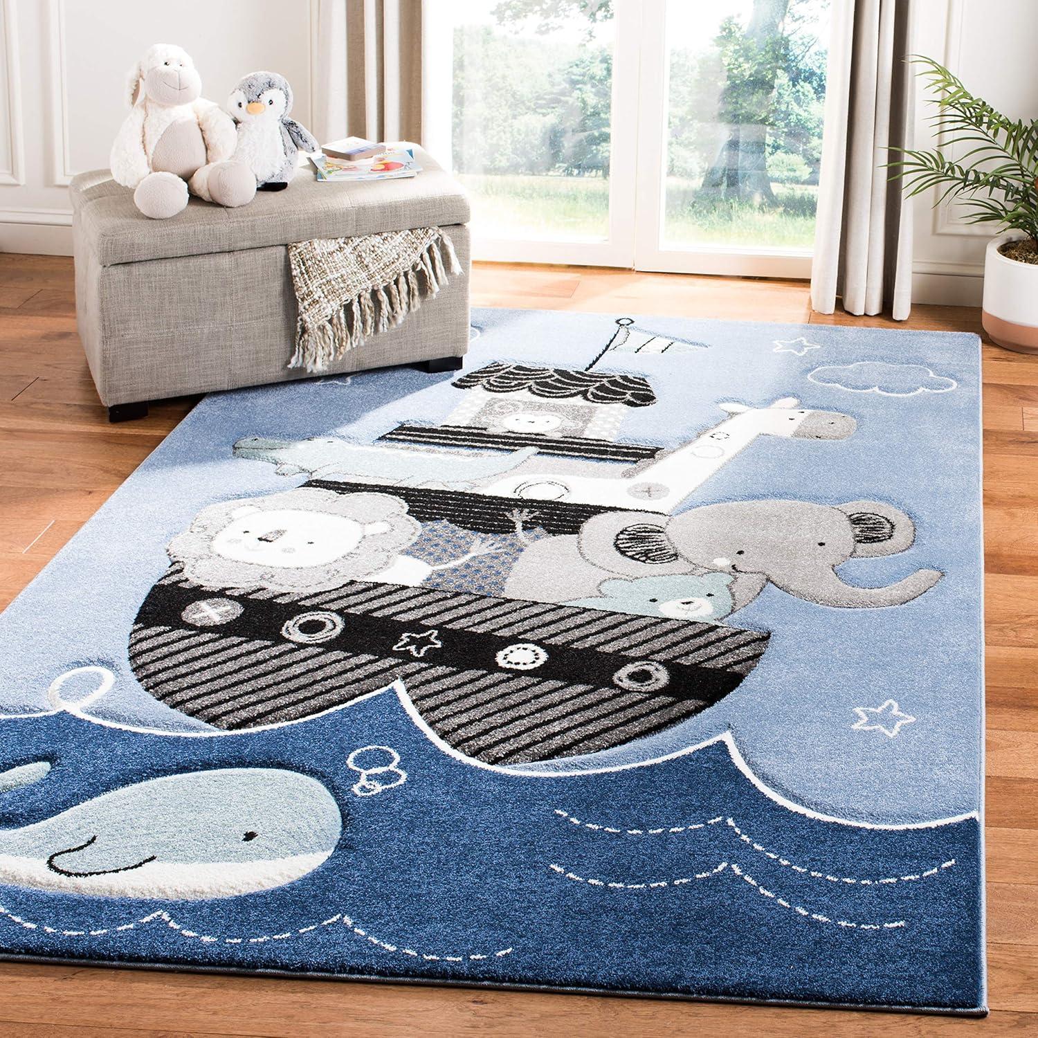 Carousel Kids 5'3" Square Blue Synthetic Area Rug