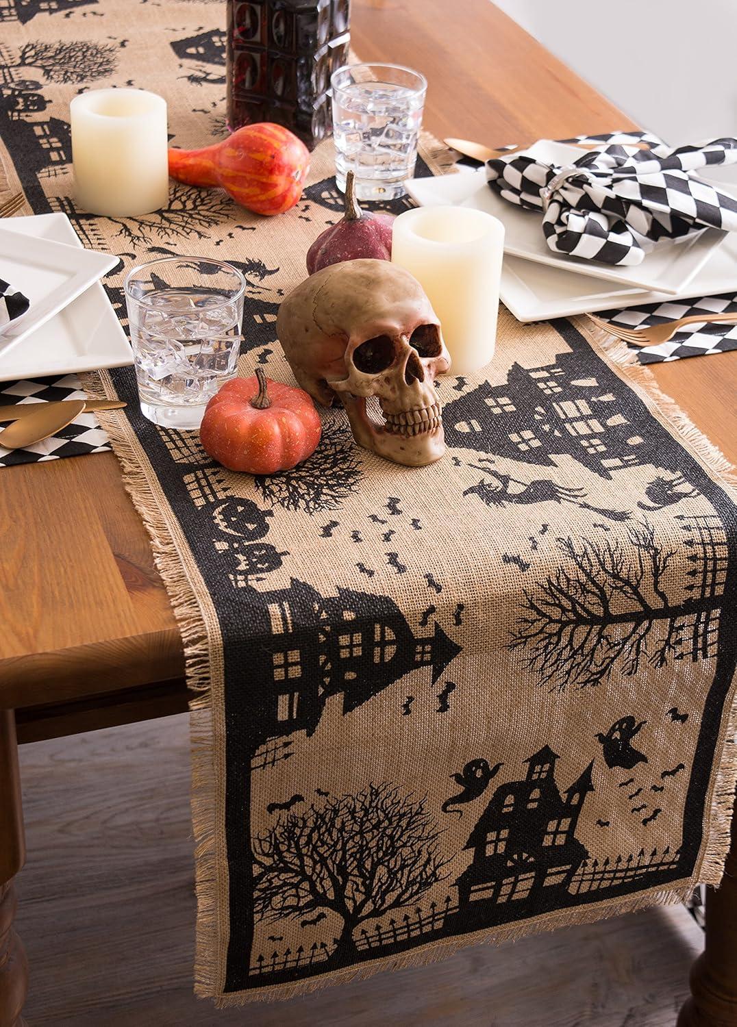 Rustic Jute Haunted House Table Runner with Fringe