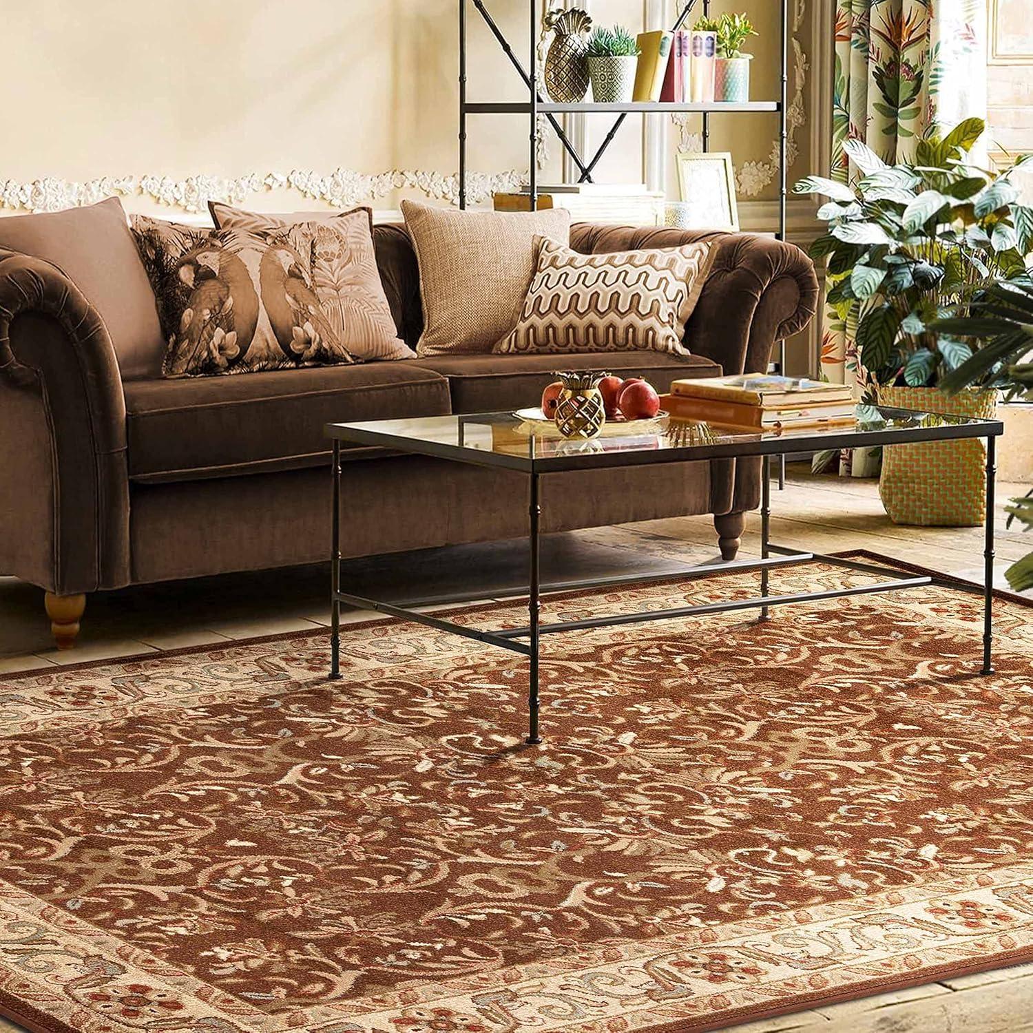 Mocha Floral Synthetic Easy Care Stain-Resistant Area Rug, 5' x 8'