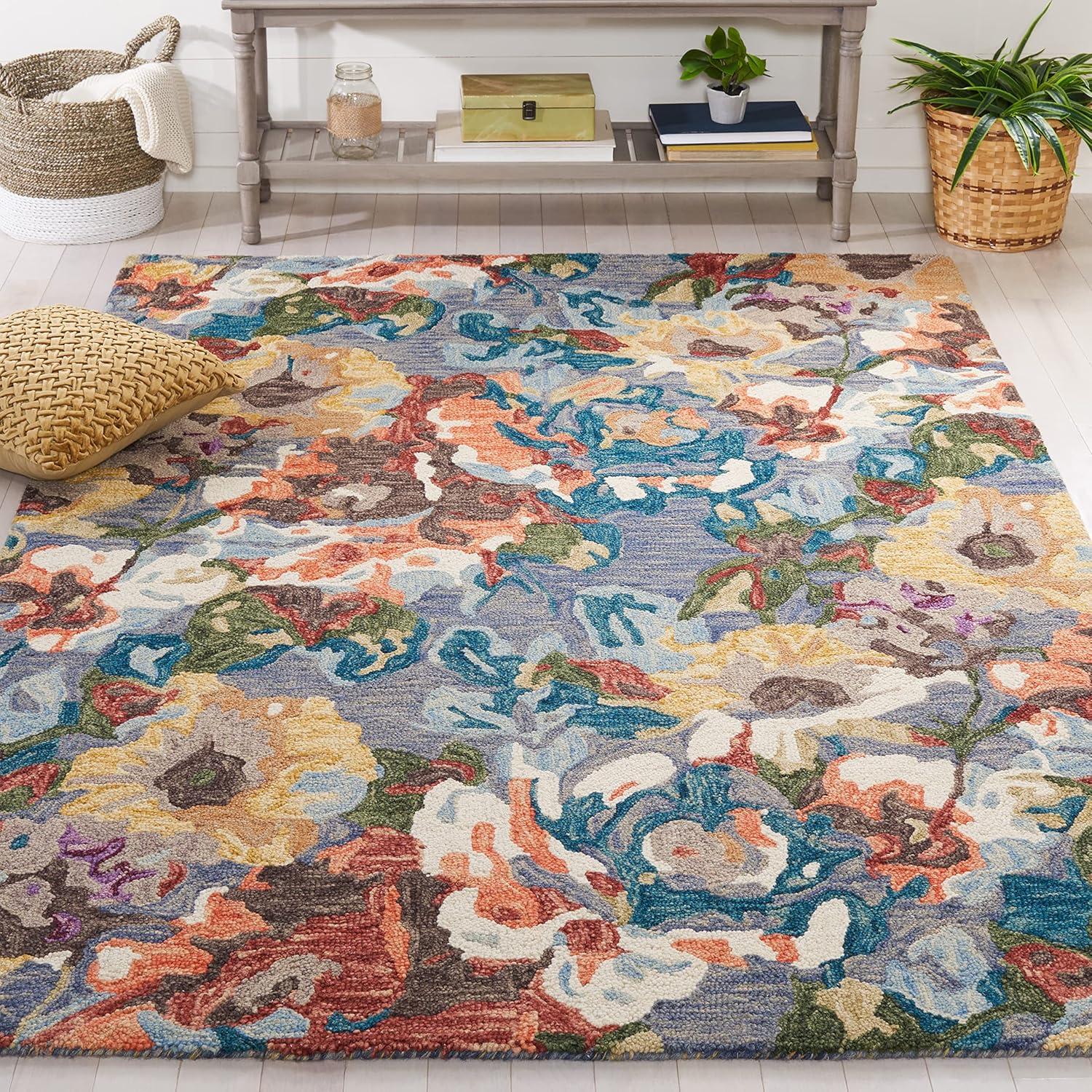 Light Blue Floral Wool Handmade Reversible Round Rug