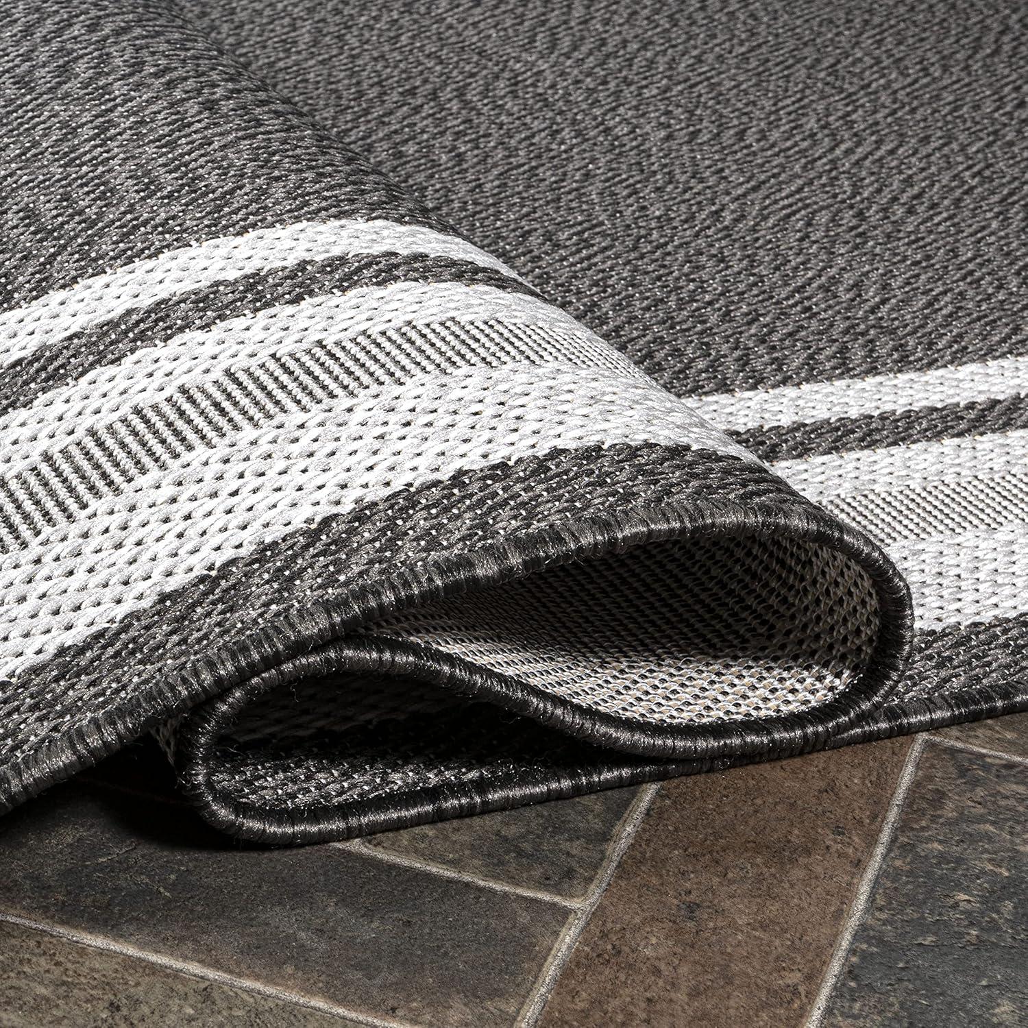 5' x 8' James Modern Border Stripe Indoor/Outdoor Area Rug, Black/Cream - JONATHAN Y