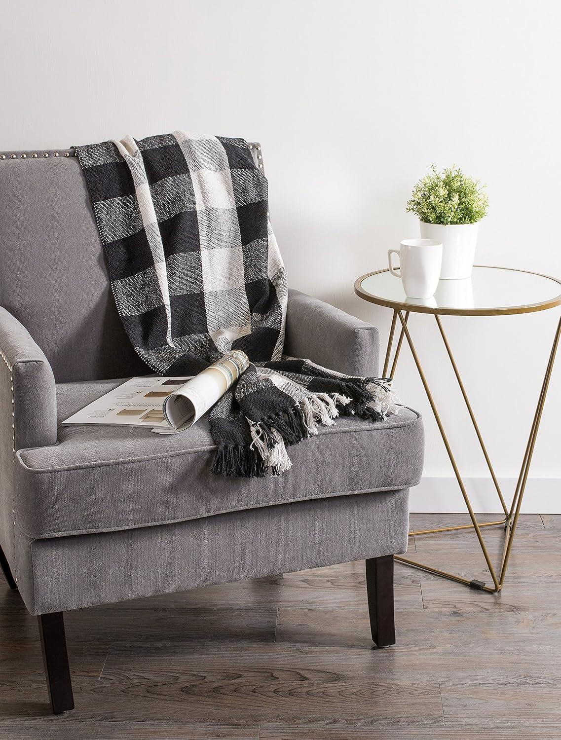 Black and White Cotton Buffalo Check Throw Blanket with Tassels