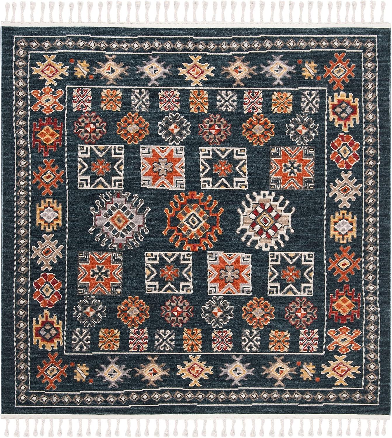 SAFAVIEH Farmhouse Medici Aztec Fringe Area Rug, Navy/Orange, 6'3" x 6'3" Square