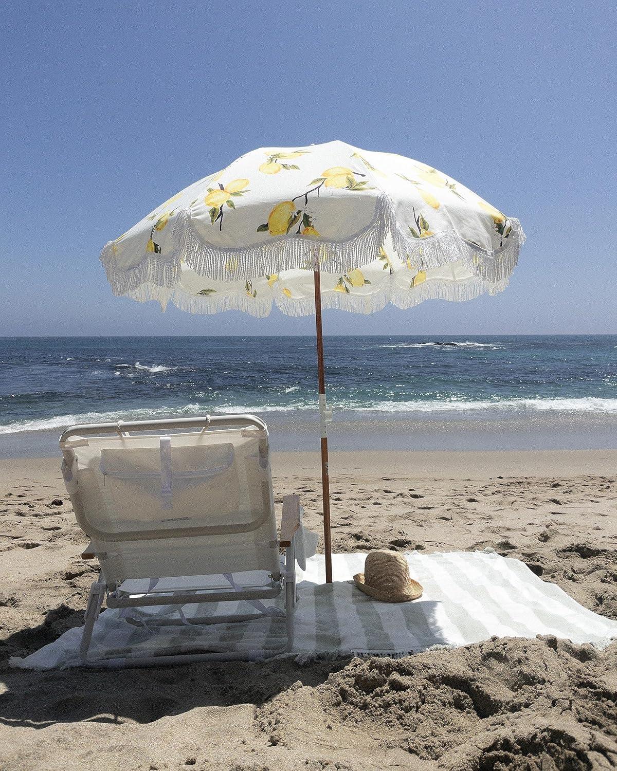 Vintage Lemons Beach Umbrella with White Fringe and Reclaimed Timber Pole