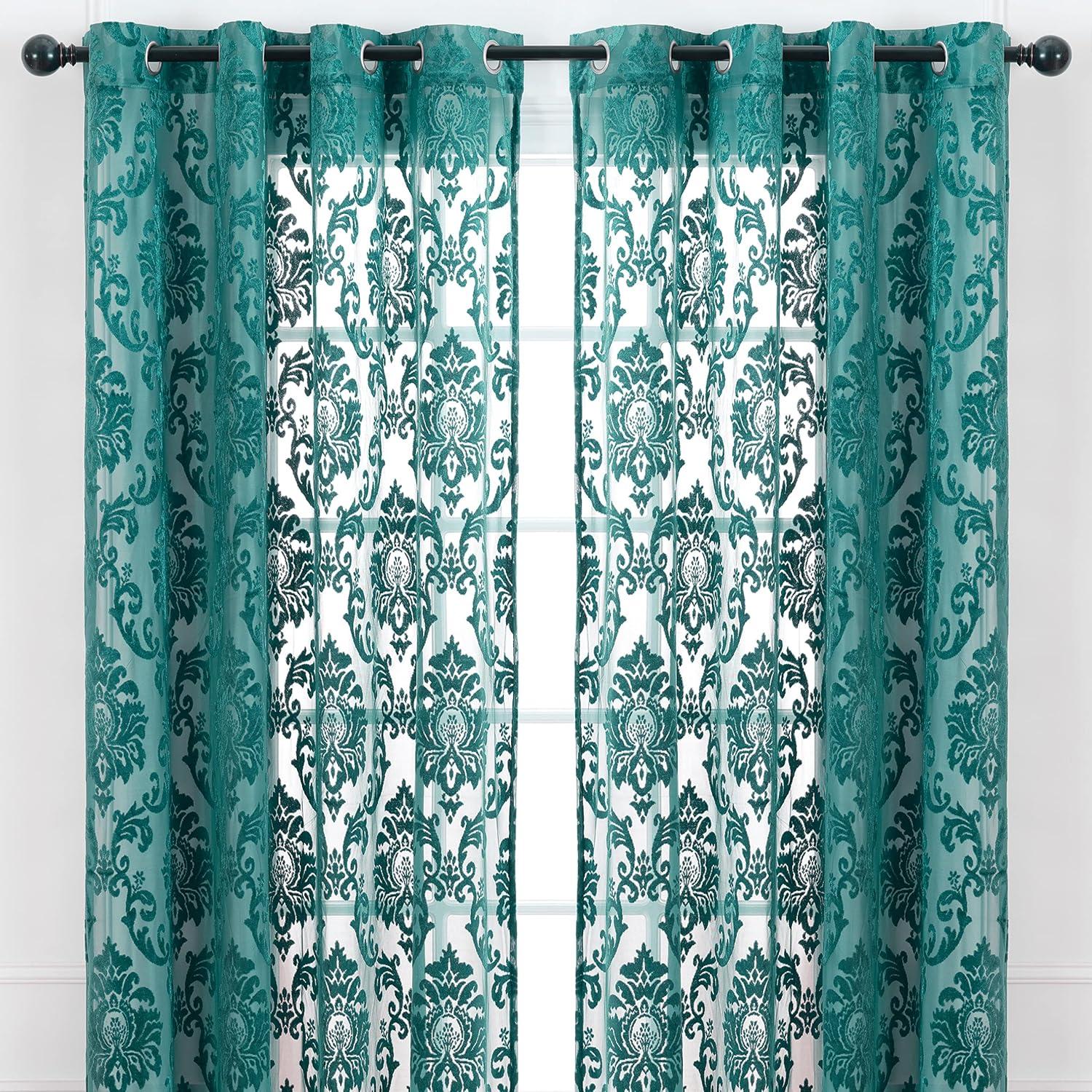 Teal Velvet Damask Sheer Grommet Curtain Panels, 52" x 63"