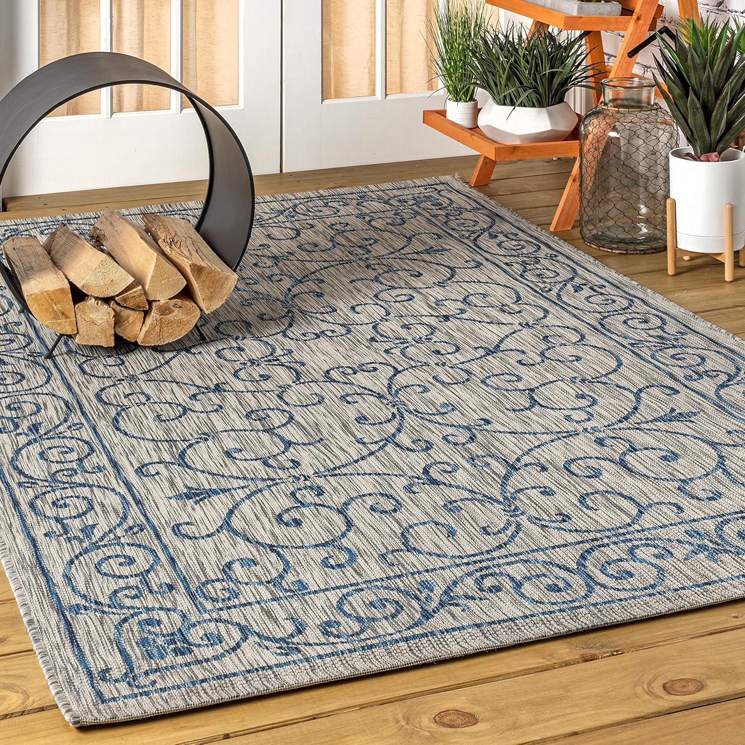 9' X 12' Charleston Vintage Filigree Textured Weave Indoor/Outdoor Area Rug, Gray/Navy - JONATHAN Y