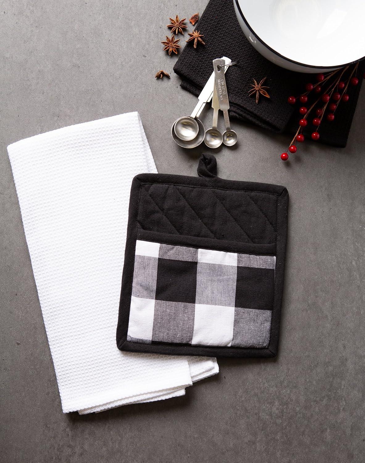 DII Modern Cotton Buffalo Check Potholder and Dishtowel Kitchen Set in Black