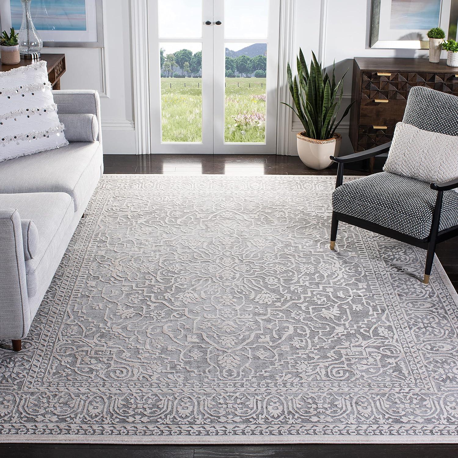 Elegante Grey Floral 54" Round Hand-knotted Easy Care Area Rug