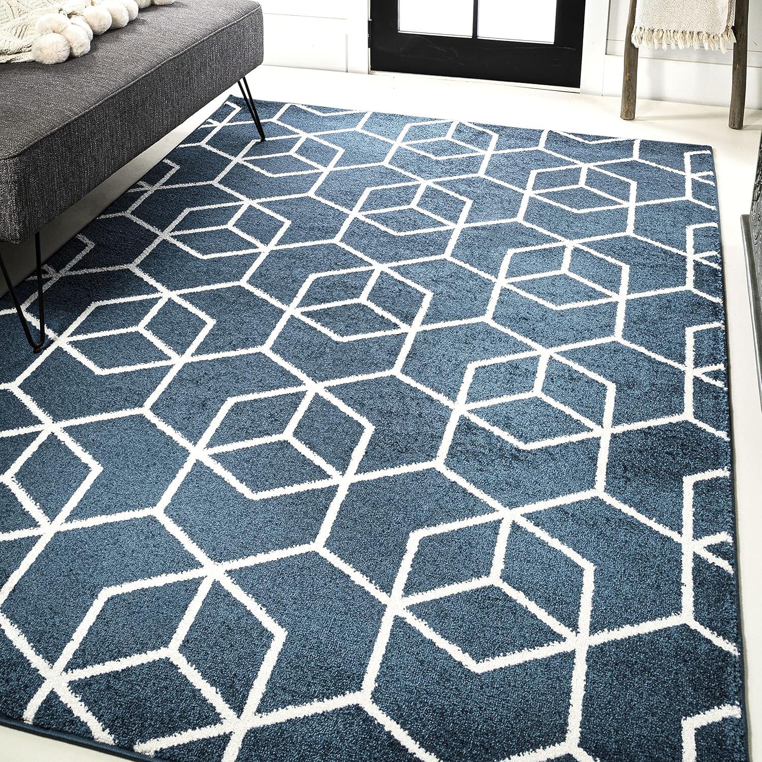 3'x5' Tumbling Blocks Modern Geometric Area Rug, Navy/White - JONATHAN Y