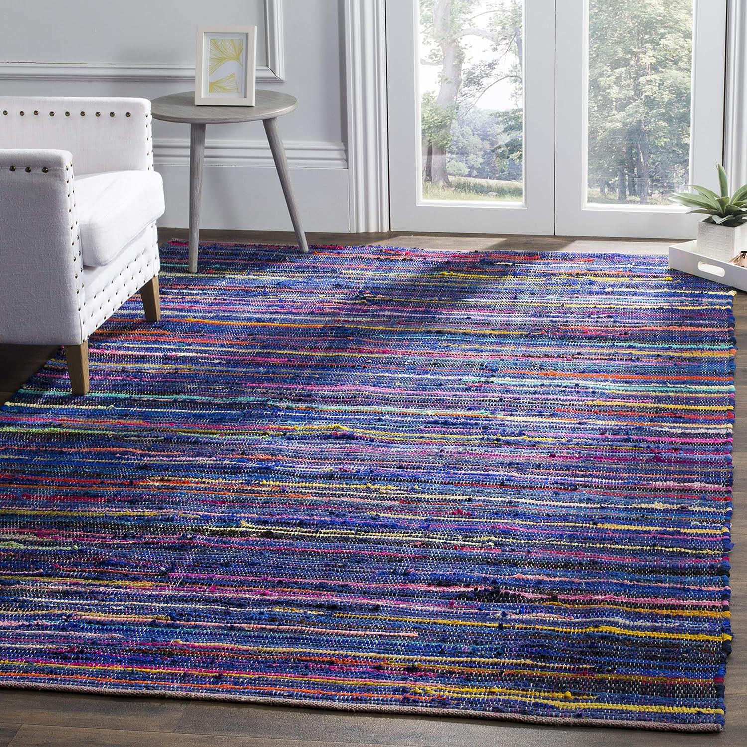 Handmade Boho Stripe Cotton Area Rug 8' x 10' in Blue/Multi