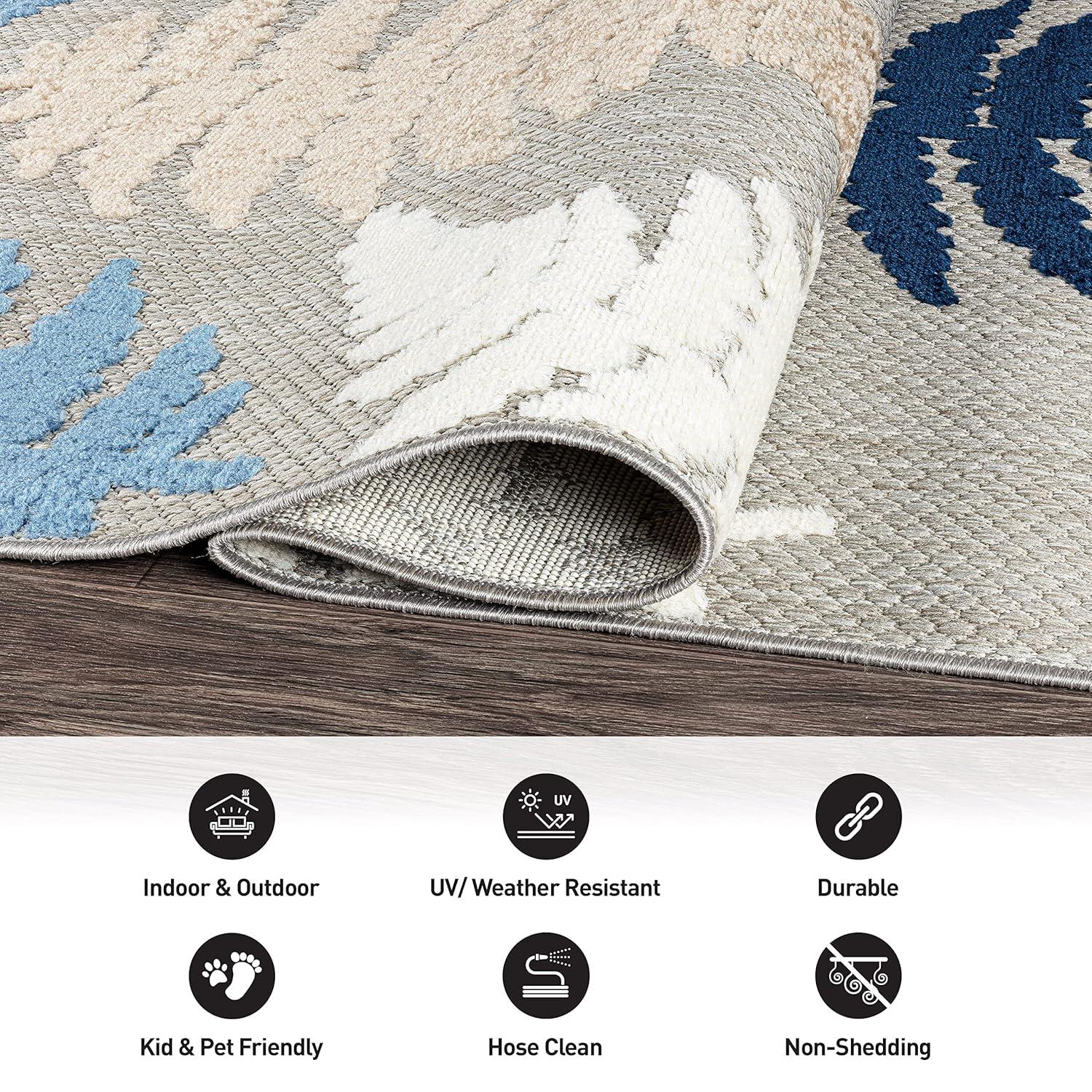 World Rug Gallery Seville Floral Leaves Indoor/Outdoor Area Rug - Blue 7'10" x 10':  Weather-Resistant,  Low Pile,  Botanical