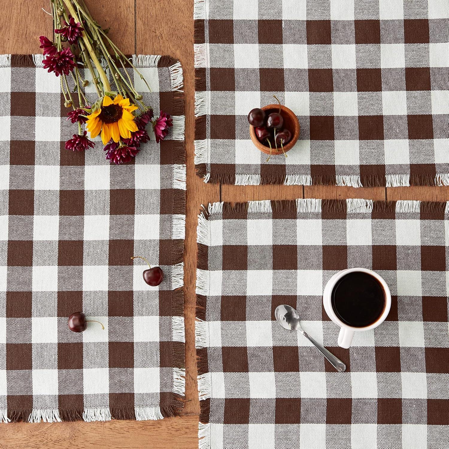 Design Imports Bark Brown Heavyweight Check Fringed Placemat Set/6