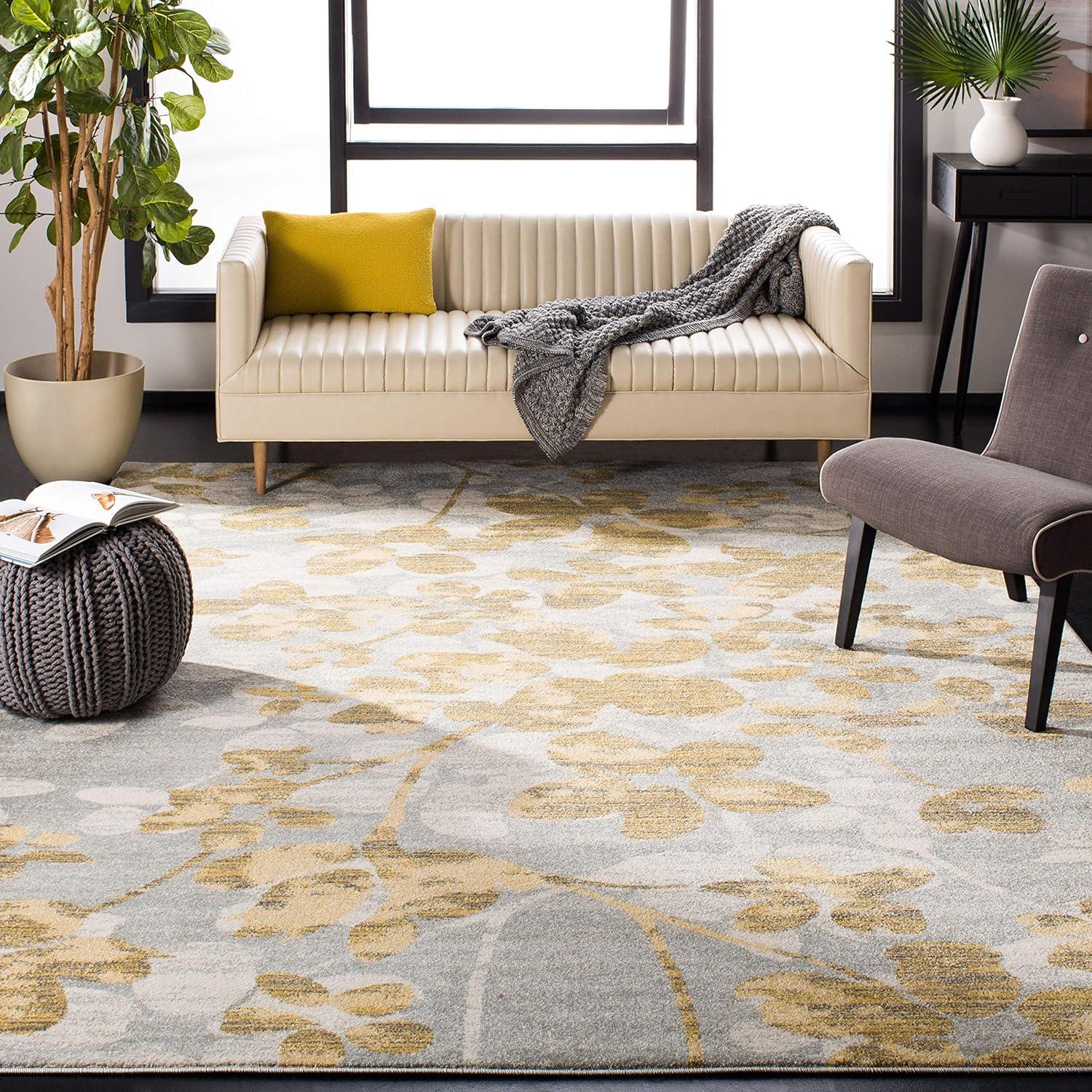 Grey and Gold Floral Elegance Synthetic Area Rug - 6'7" x 9'