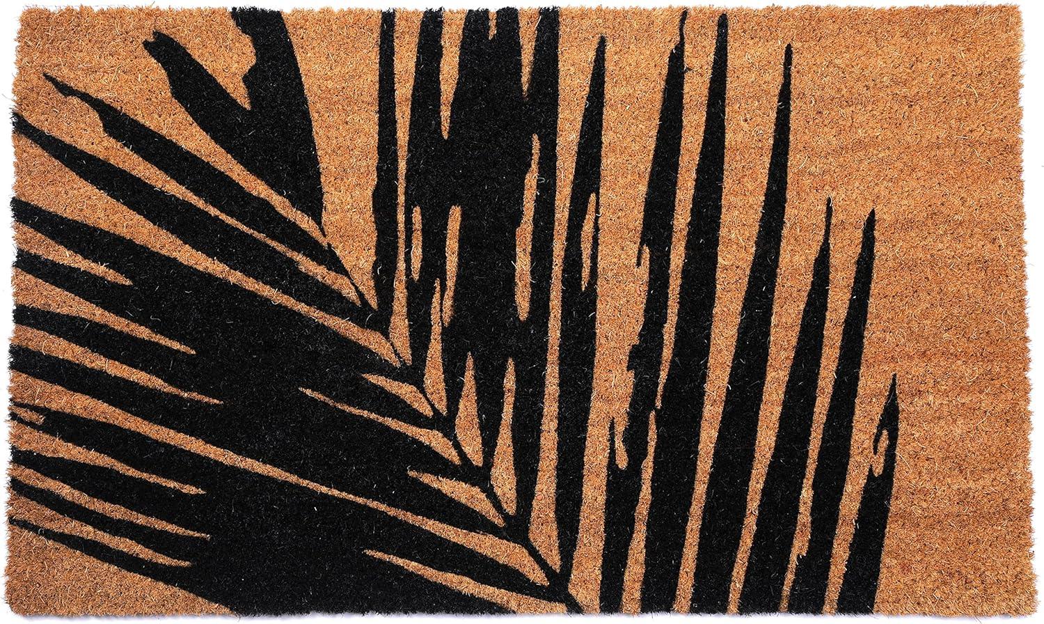 FH Home Non Slip Doormat - Durable, Thin - Natural Coir & Rubber - Entryway, Front Door, Porch, Patio - Summertime Palm Leaf Black/Natural (18" x 30" Non-Slip)