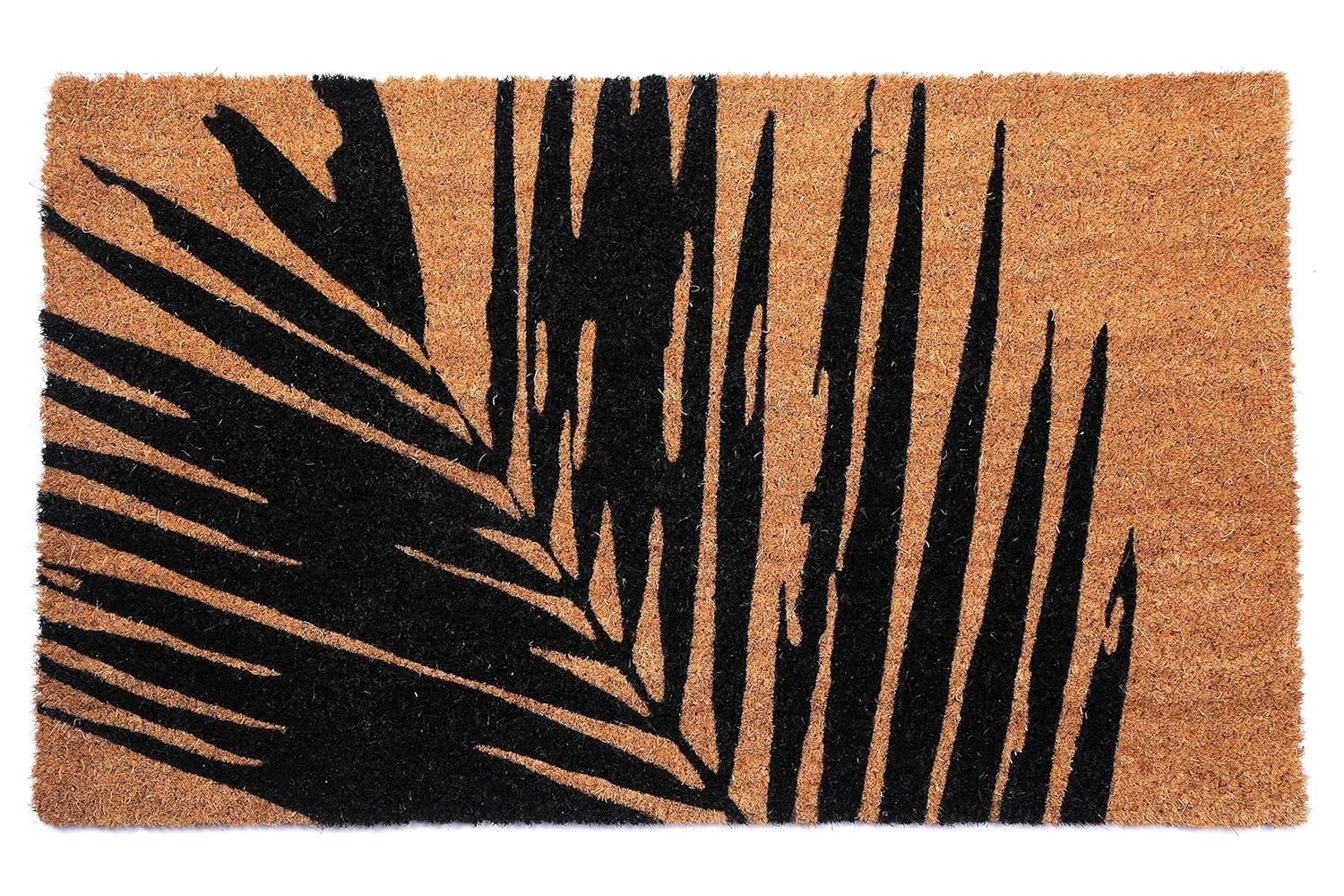 FH Home Non Slip Doormat - Durable, Thin - Natural Coir & Rubber - Entryway, Front Door, Porch, Patio - Summertime Palm Leaf Black/Natural (18" x 30" Non-Slip)