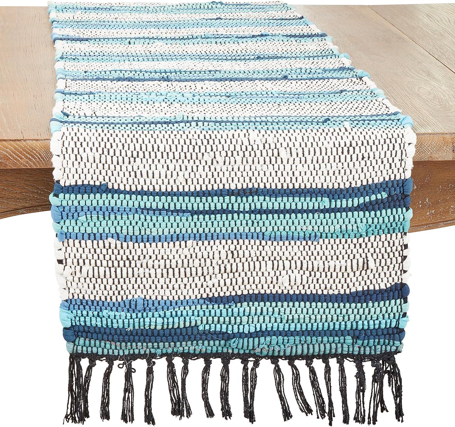 Saro Lifestyle Boho Chic Stripe Chindi Table Runner with Fringe, 16"x72", Blue