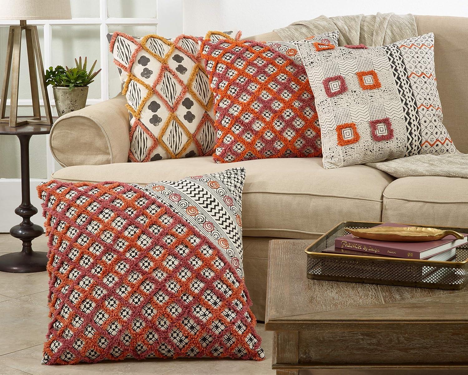 Saro Lifestyle Block Print Embroidered  Decorative Pillow Cover