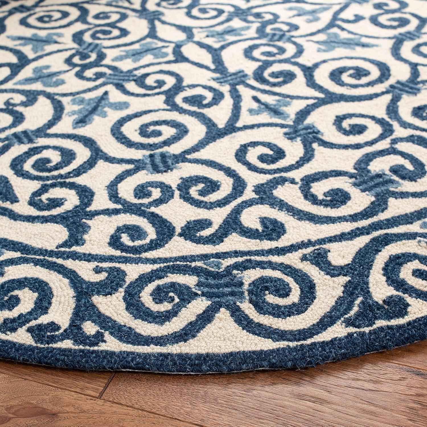 SAFAVIEH Chelsea Aragon Geometric Borders Wool Area Rug, Ivory/Dark Blue, 3' x 3' Round