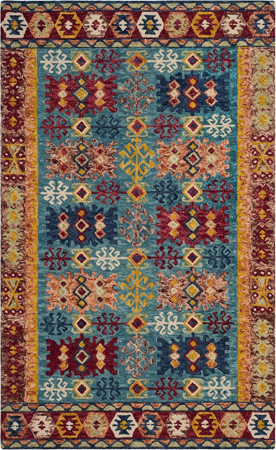 Aspen Southwestern Chic Blue/Red Wool Area Rug, 4' x 6'