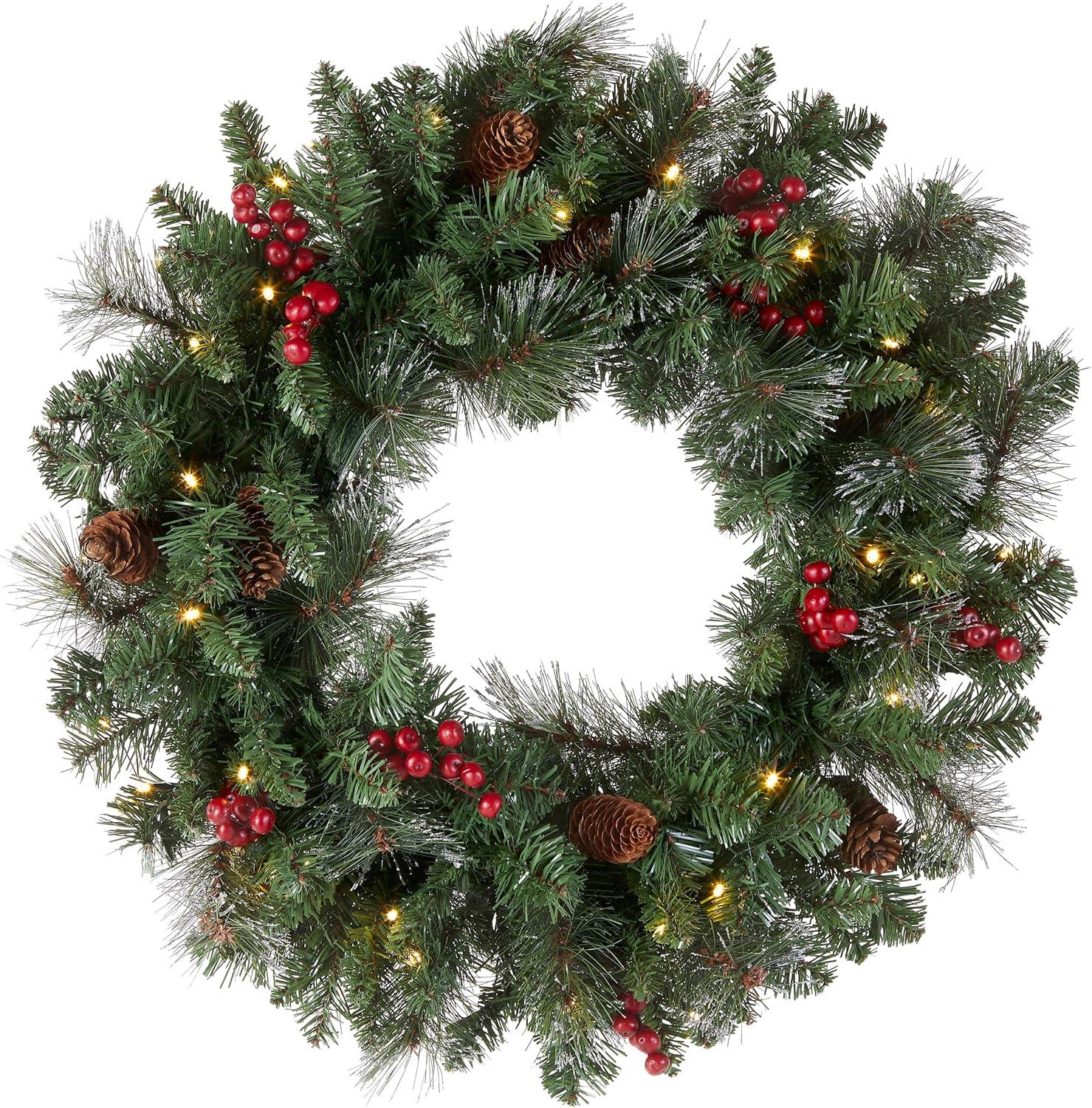 24" Prelit LED Crestwood Spruce Christmas Wreath with Pine Cones