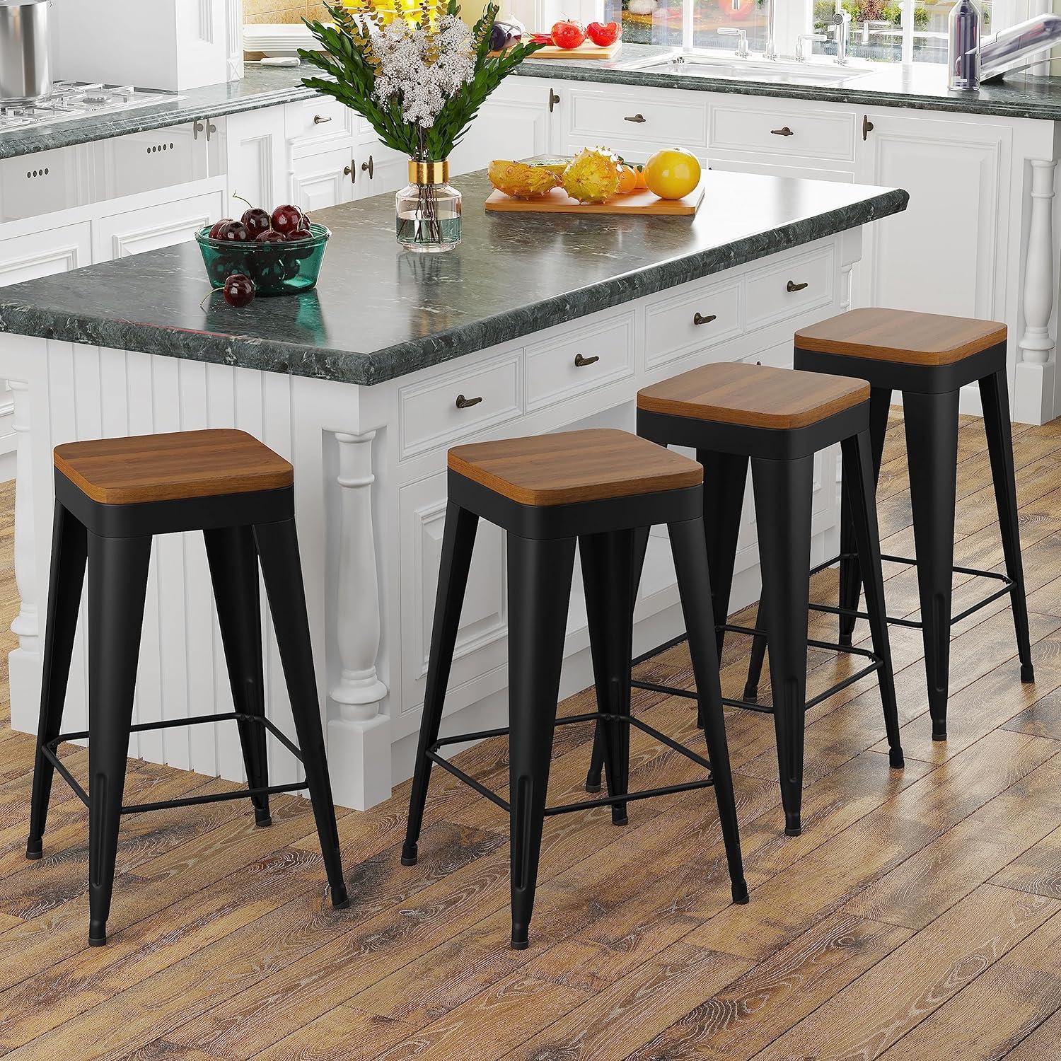 Set of 4 Black Metal and Wood Counter Stools