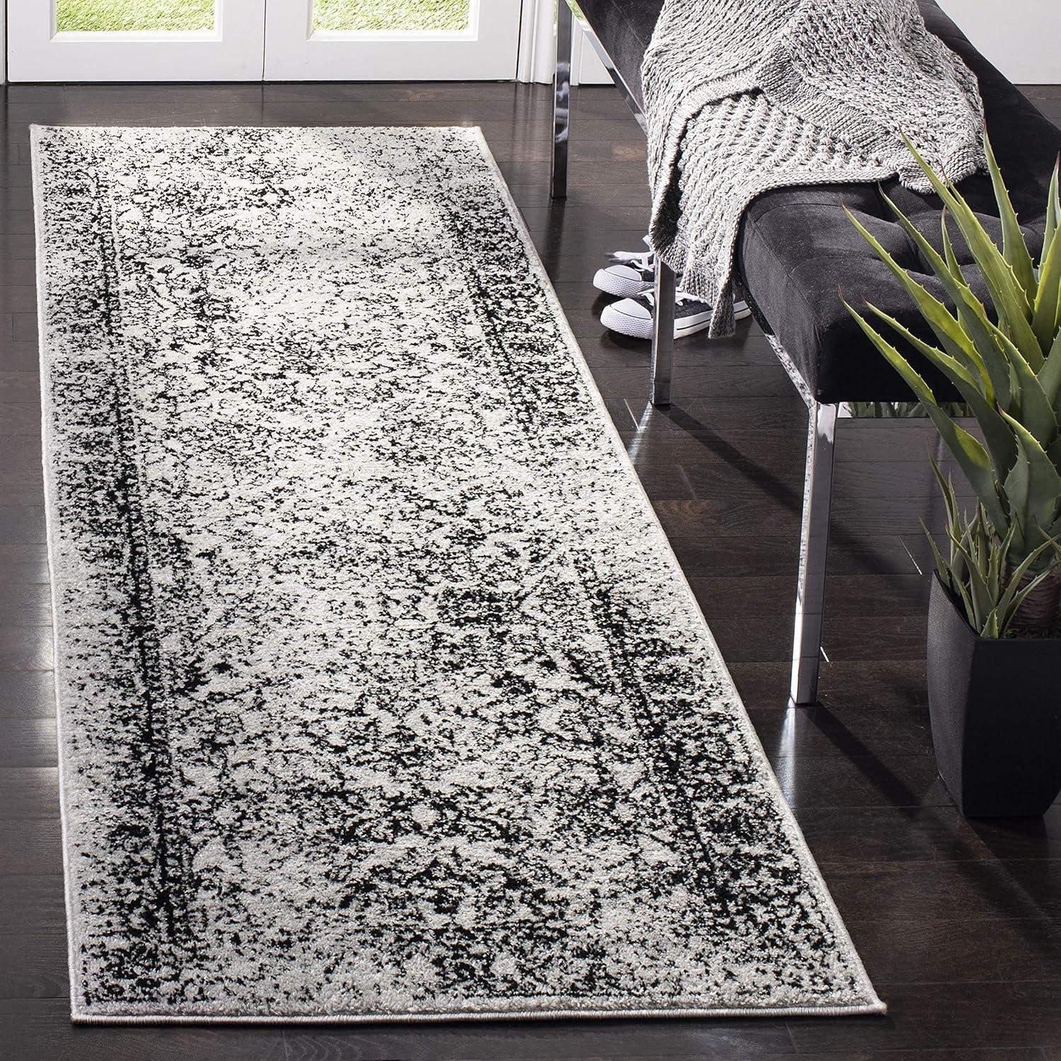 Grey and Black Floral Synthetic Easy Care Runner