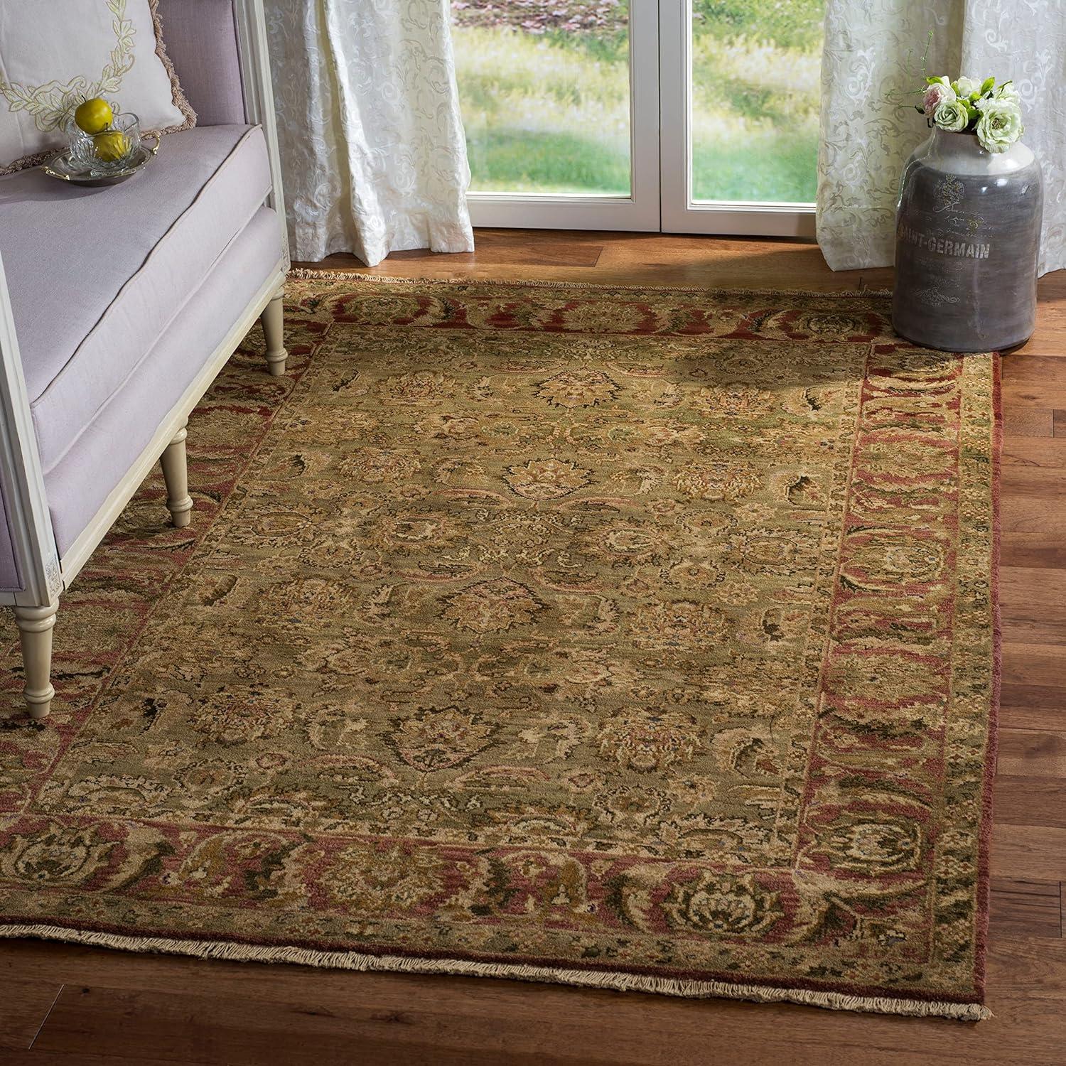 Heirloom Light Green and Rose Hand-Knotted Wool Rug 6' x 9'