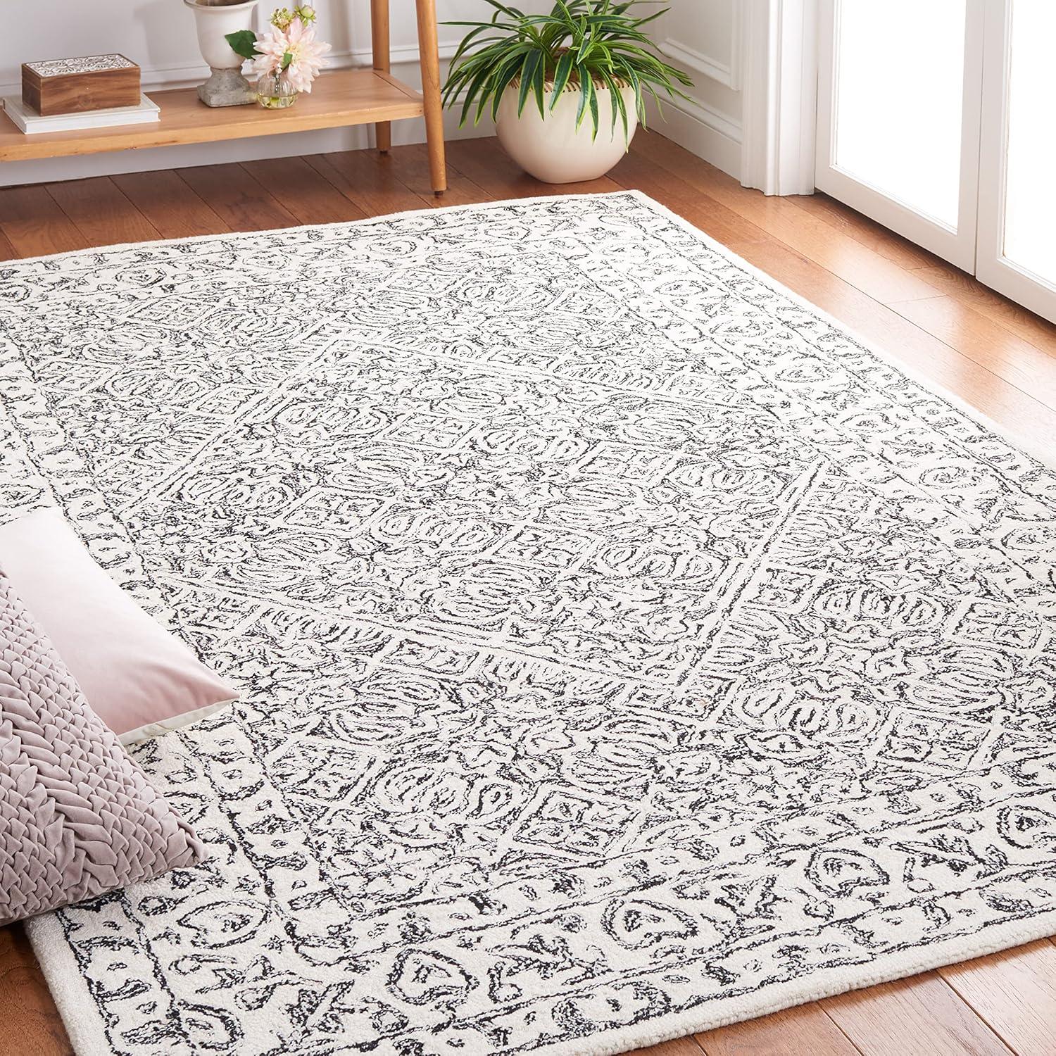 Ivory and Black Hand-Tufted Wool Square Area Rug