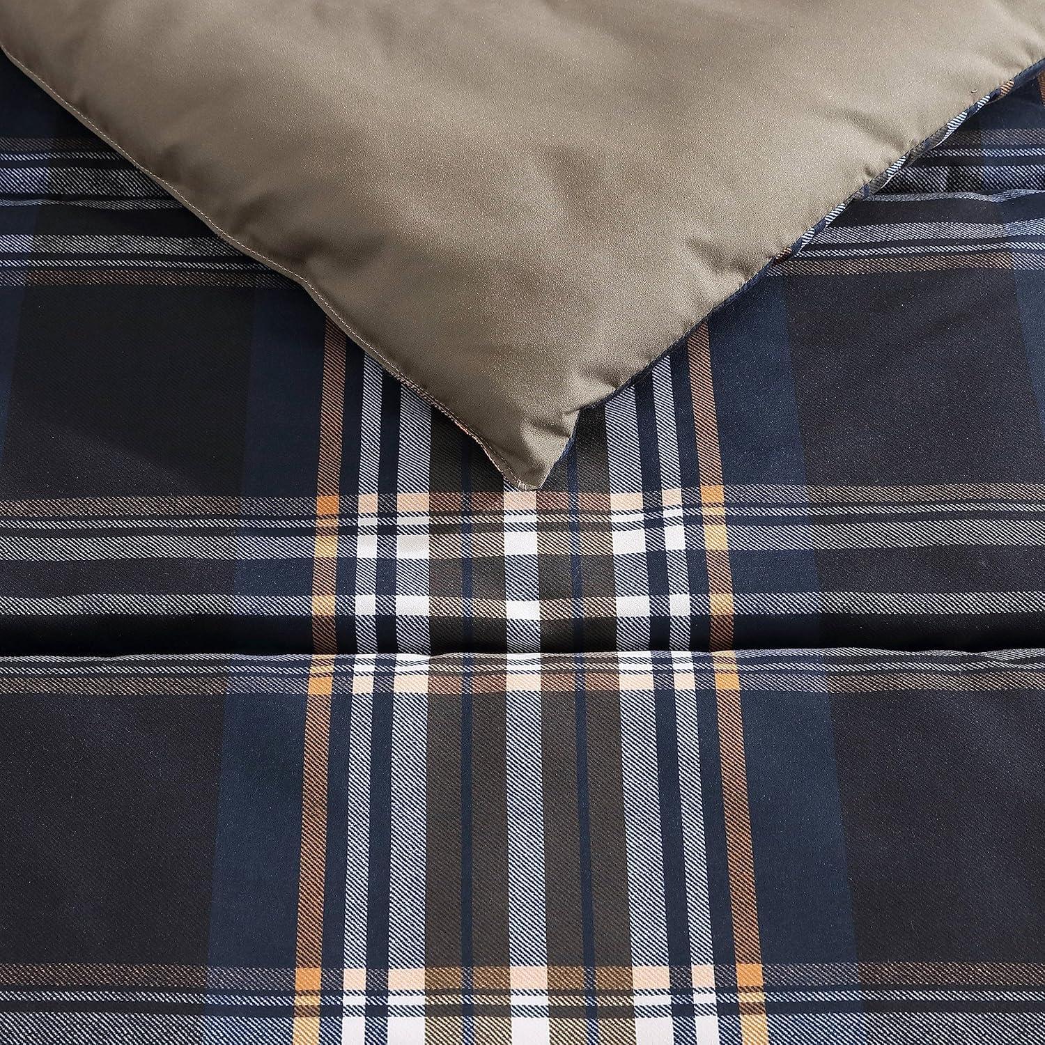 Navy Plaid Microfiber Queen Duvet Cover Set with Shams