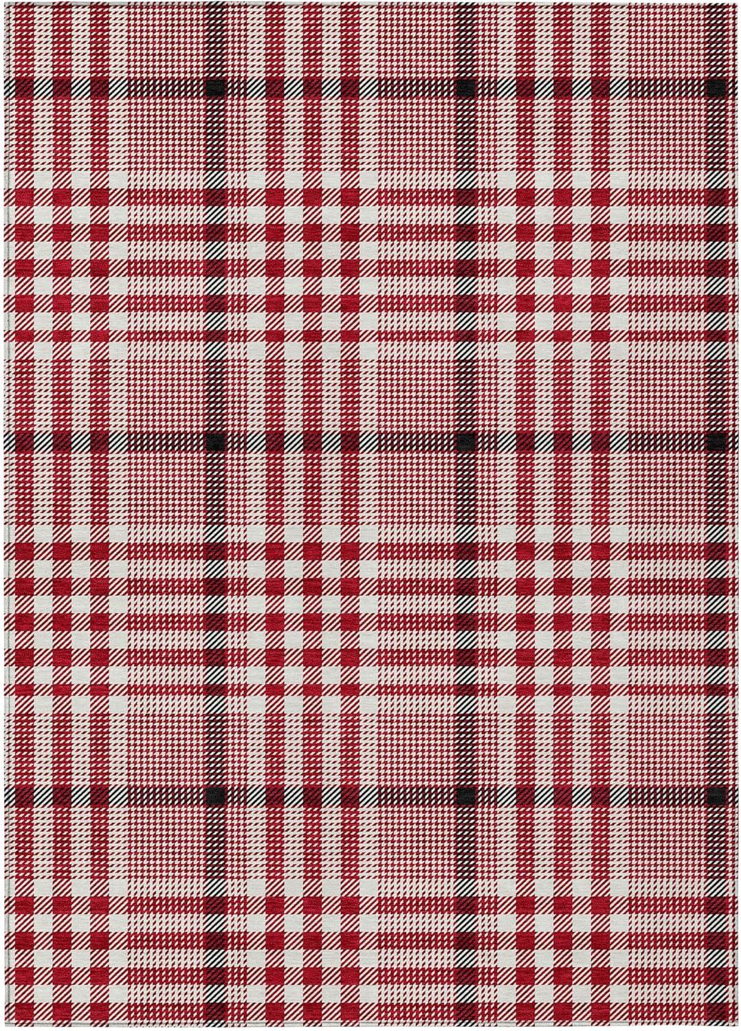 Red Plaid Synthetic Washable Indoor Outdoor Rug 3' x 5'